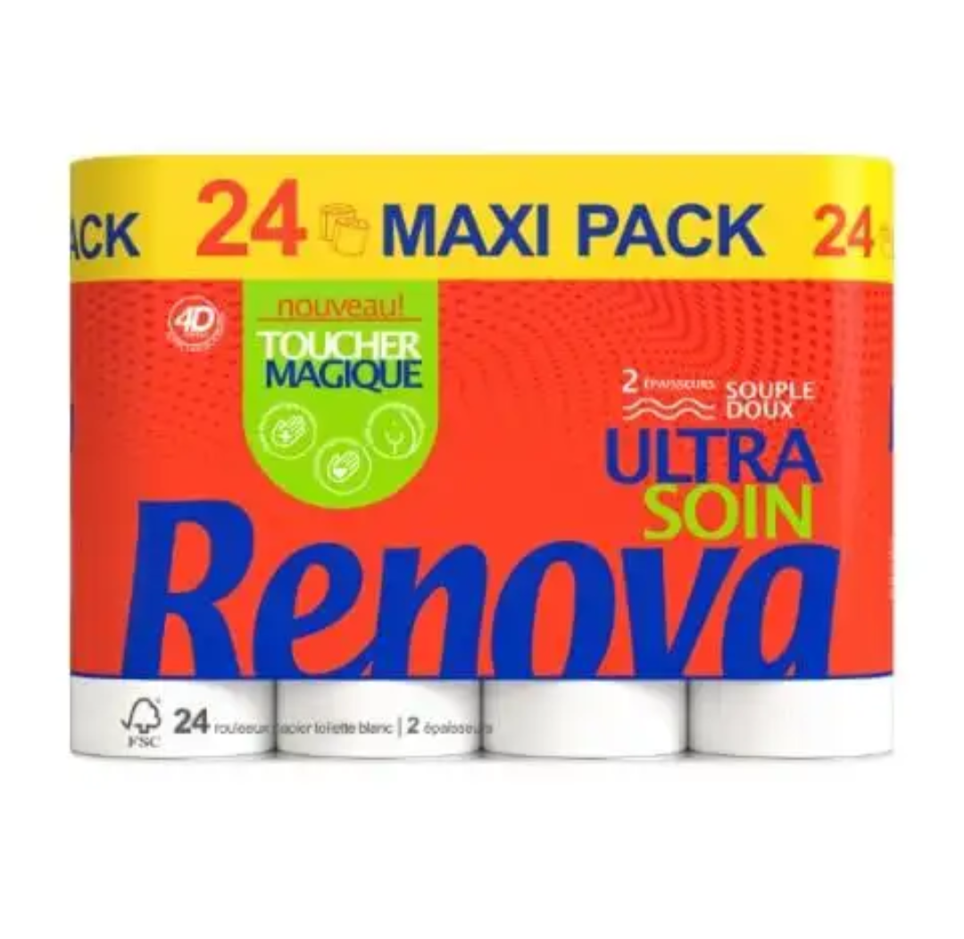 40% de Remise Immédiate sur Renova - Ex : Lot de 24 rouleaux de papier hygiénique Renova 4D Ultra Soin (soit 0,16€/rouleau)