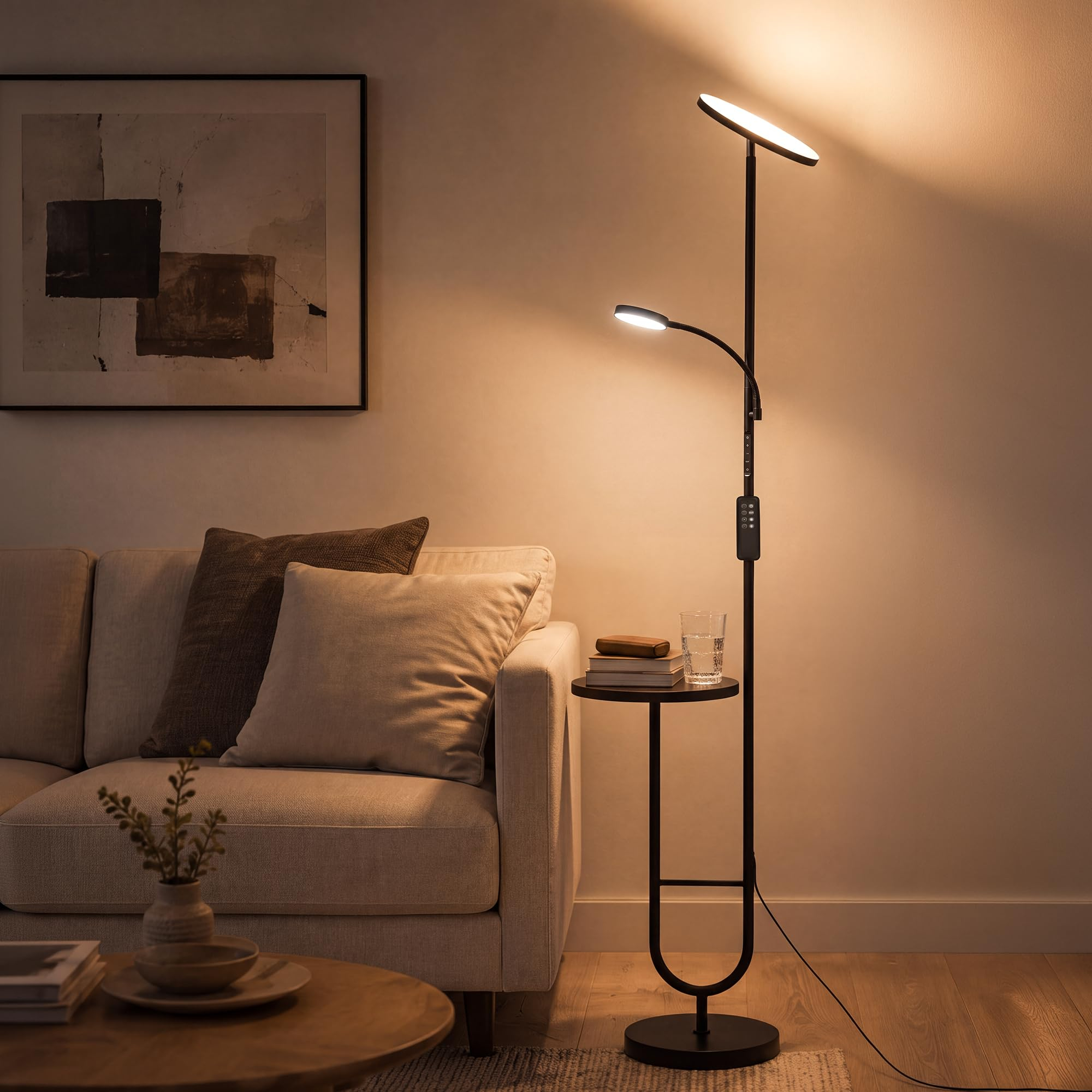 Occasion comme neuf: Lampadaire LED avec table LuminexDesigns - 36W + 7W dimmable avec télécommande, tête orientable, 2700K–6500K
