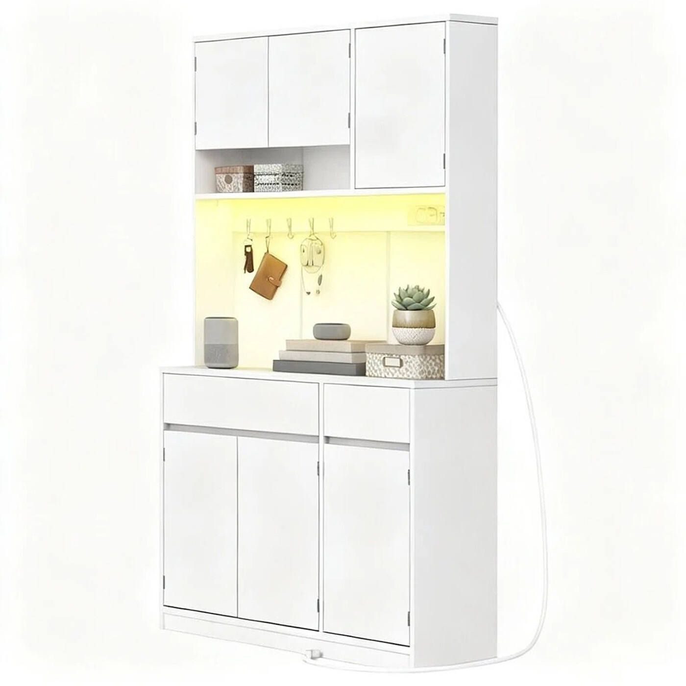 Meuble de Cuisine Polyvalent Multi-Fonctions HaluPeit - 40x100x180cm, Éclairage LED & Prises Intégrées, Blanc