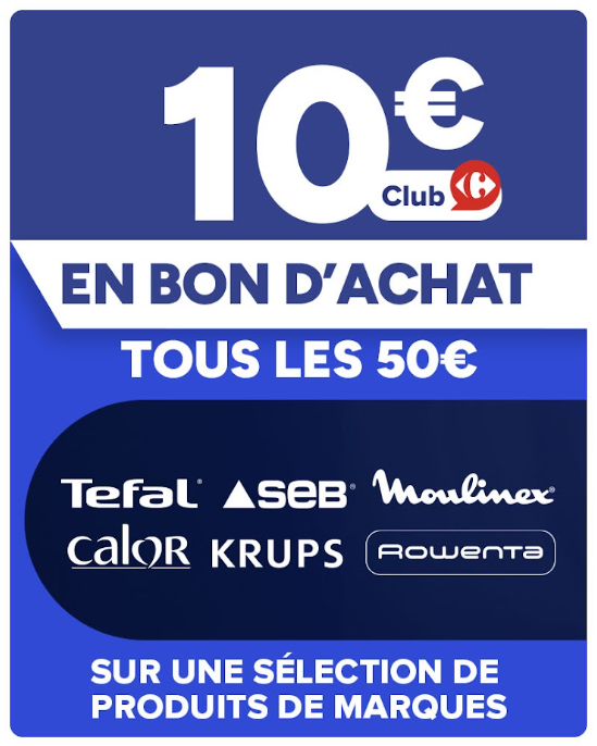 10€ offerts en bon d'achat tous les 50€ sur une sélection de produits Tefal, Seb, Moulinex, Calor, Krups, Rowenta (10 tranches max)