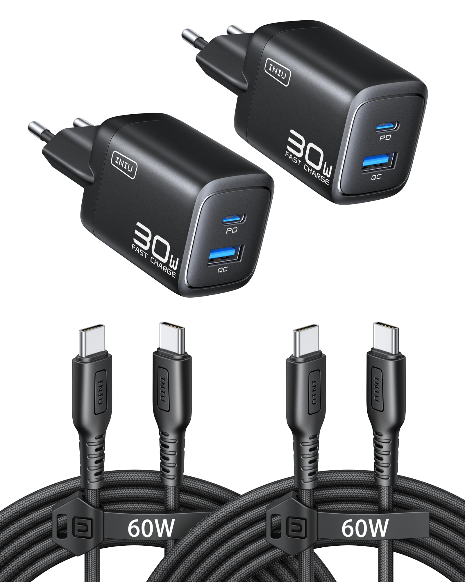 Lot de 2 Chargeur USB C Iniu - 30W, 2 Ports, Prise GaN, avec 2 Câbles 60W