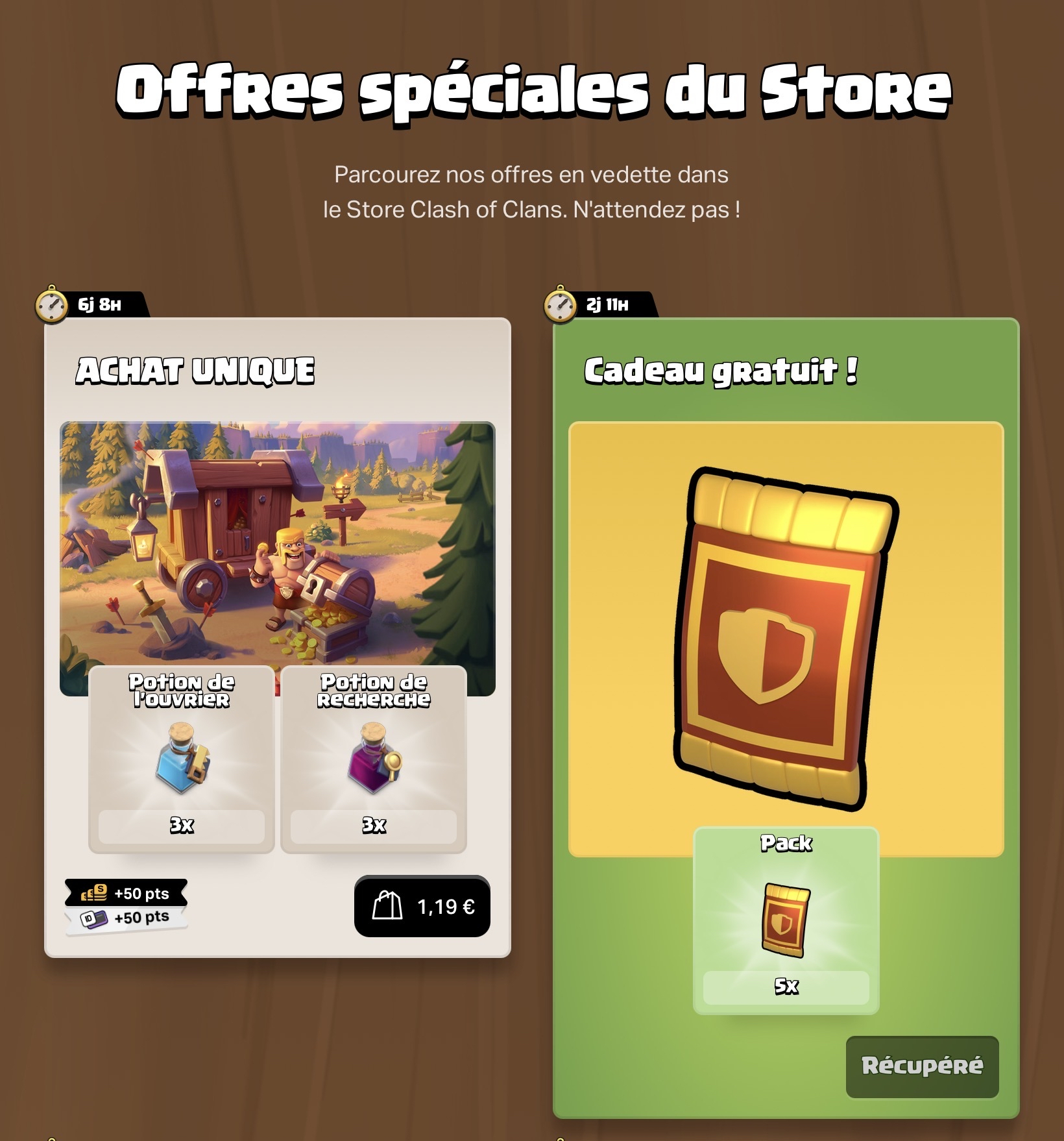 Lot de 5 packs de cartes offerts dans le store Clash of Clans (Dématérialisé)