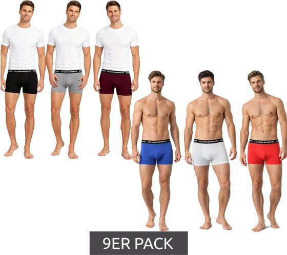Lot de 9 Boxers Le Coq Sportif Basic pour homme - Tailles S à L, en coton, gris/bordeaux/noir ou rouge/gris clair/bleu