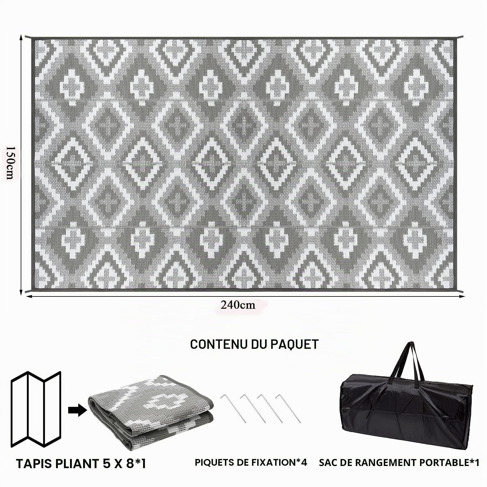 Tapis d’Extérieur Enyhom - 150x240cm, Réversible, Plastique Recyclé, Pliable, Résistant UV (Vendeur Tiers)