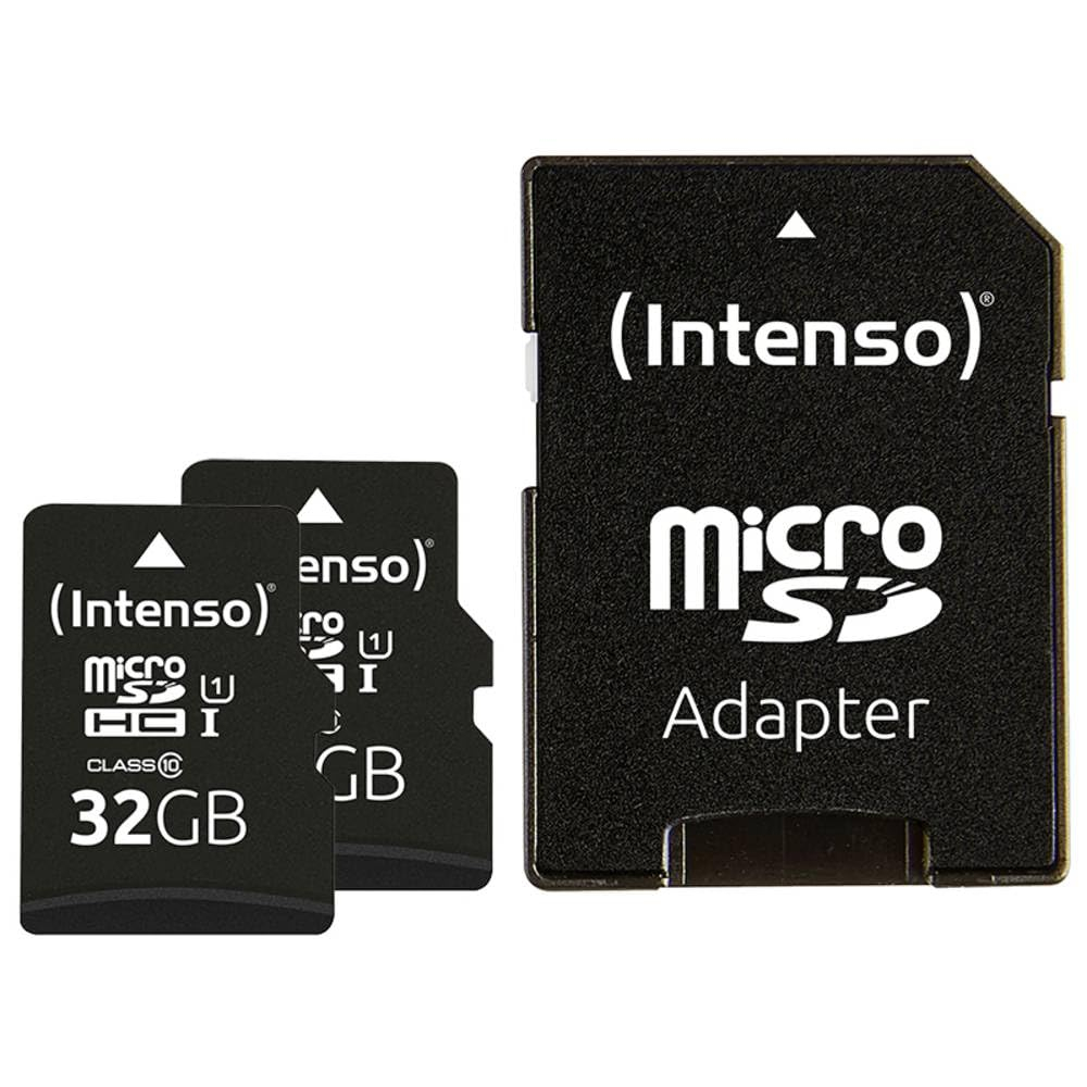2 Cartes mémoire microSDHC Intenso Premium - 2 x 32 Go, Classe 10 UHS-I avec Adaptateur SD (jusqu'à 90 Mo/s)