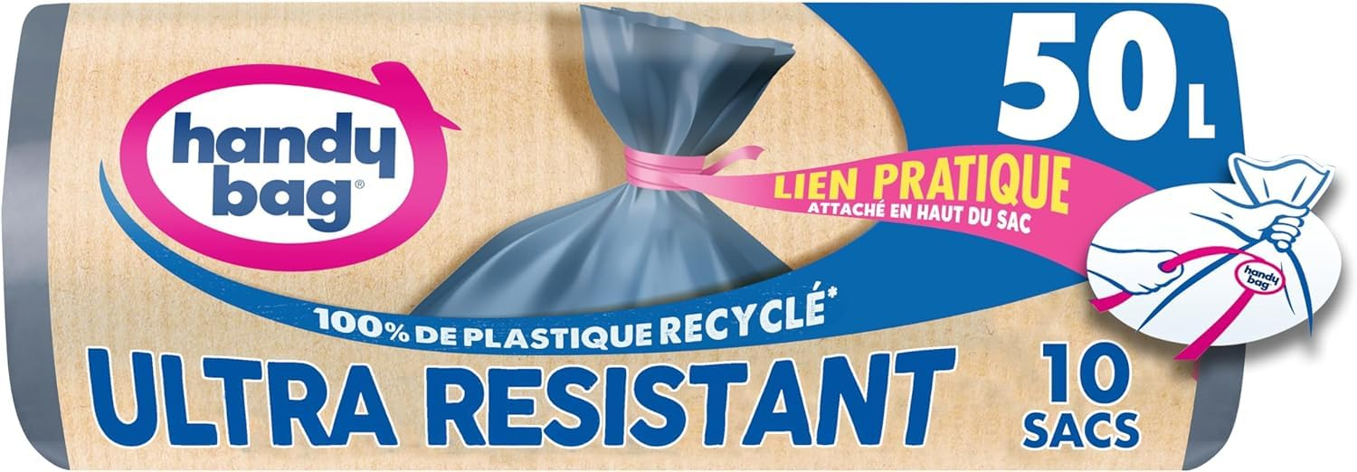 1 rouleau de 10 sacs poubelle à liens 50L Handy Bag- ultra résistant