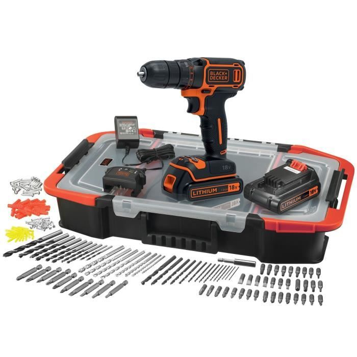 Kit perceuse visseuse sans fil Black+Decker BDCDC18BAST-QW - 18V, 2 batteries, chargeur, 160 accessoires