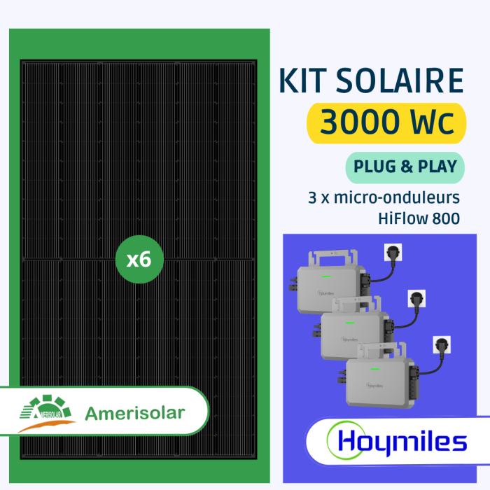 Kit solaire plug and play 3000 Wc Amerisolar - 6 panneaux bifaciaux 500 Wc, micro-onduleurs Hoymiles HiFlow, wifi, évolutif