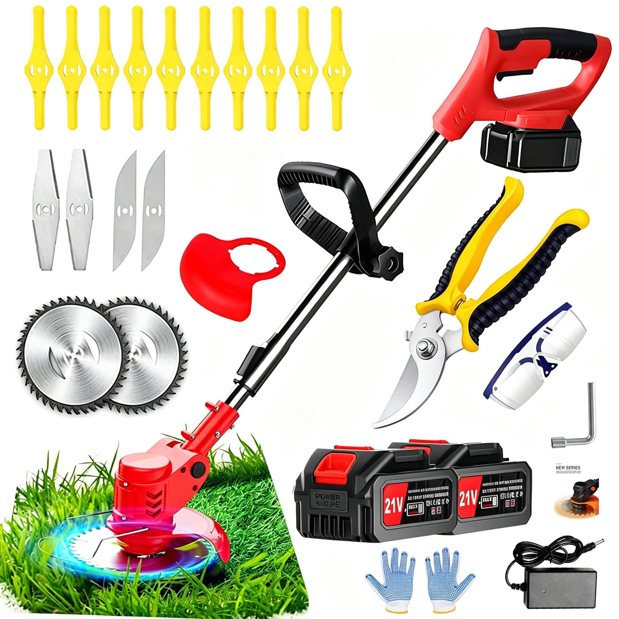Débroussailleuse électrique sans fil Jinxinzeys - 21V 2.0Ah, Coupe Bordure, 2 Batteries, 3 types de lame + ciseau (via coupon vendeur tiers)