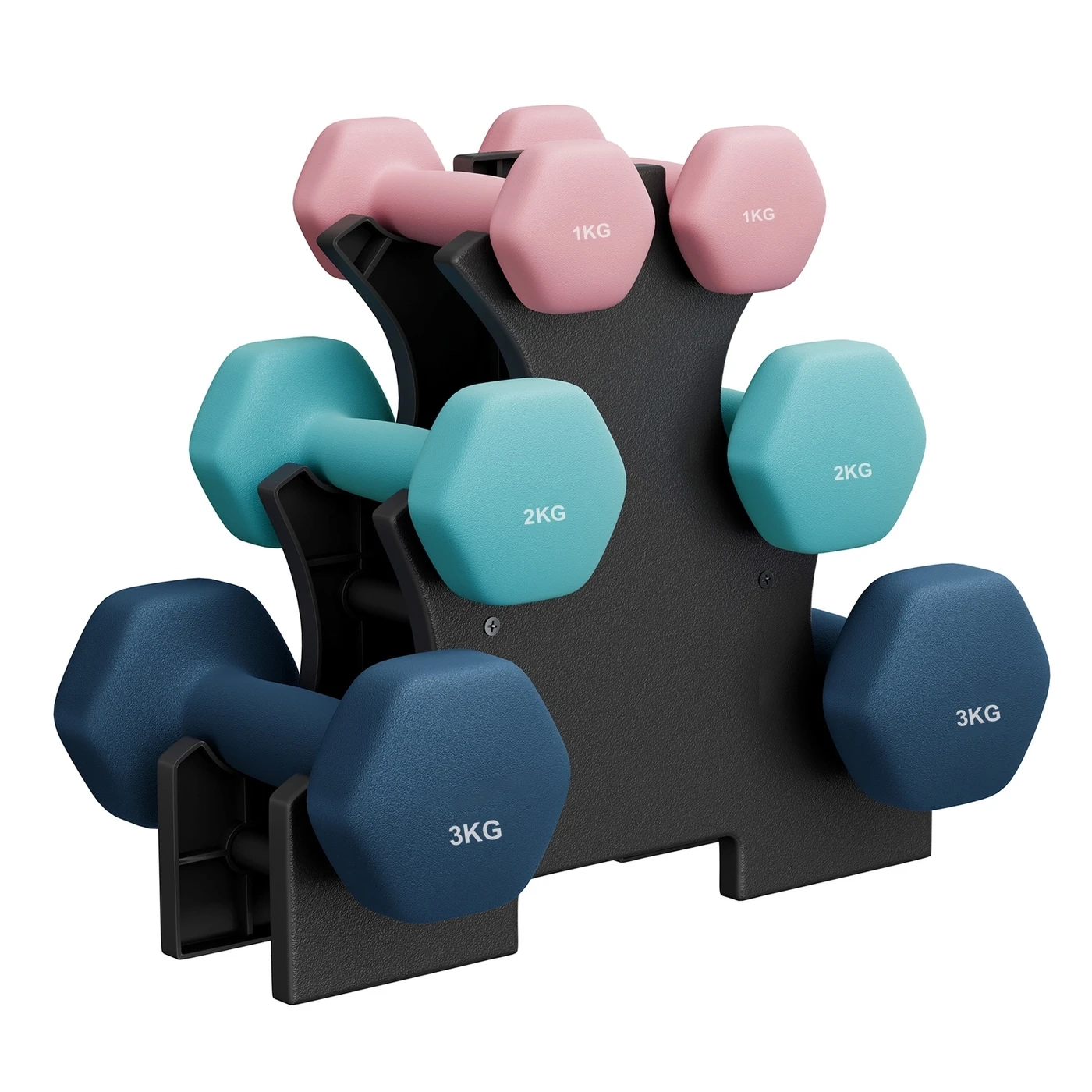 Ensemble d’haltères hexagonaux avec Support Joyfurnos - 1 kg, 2 kg et 3 kg