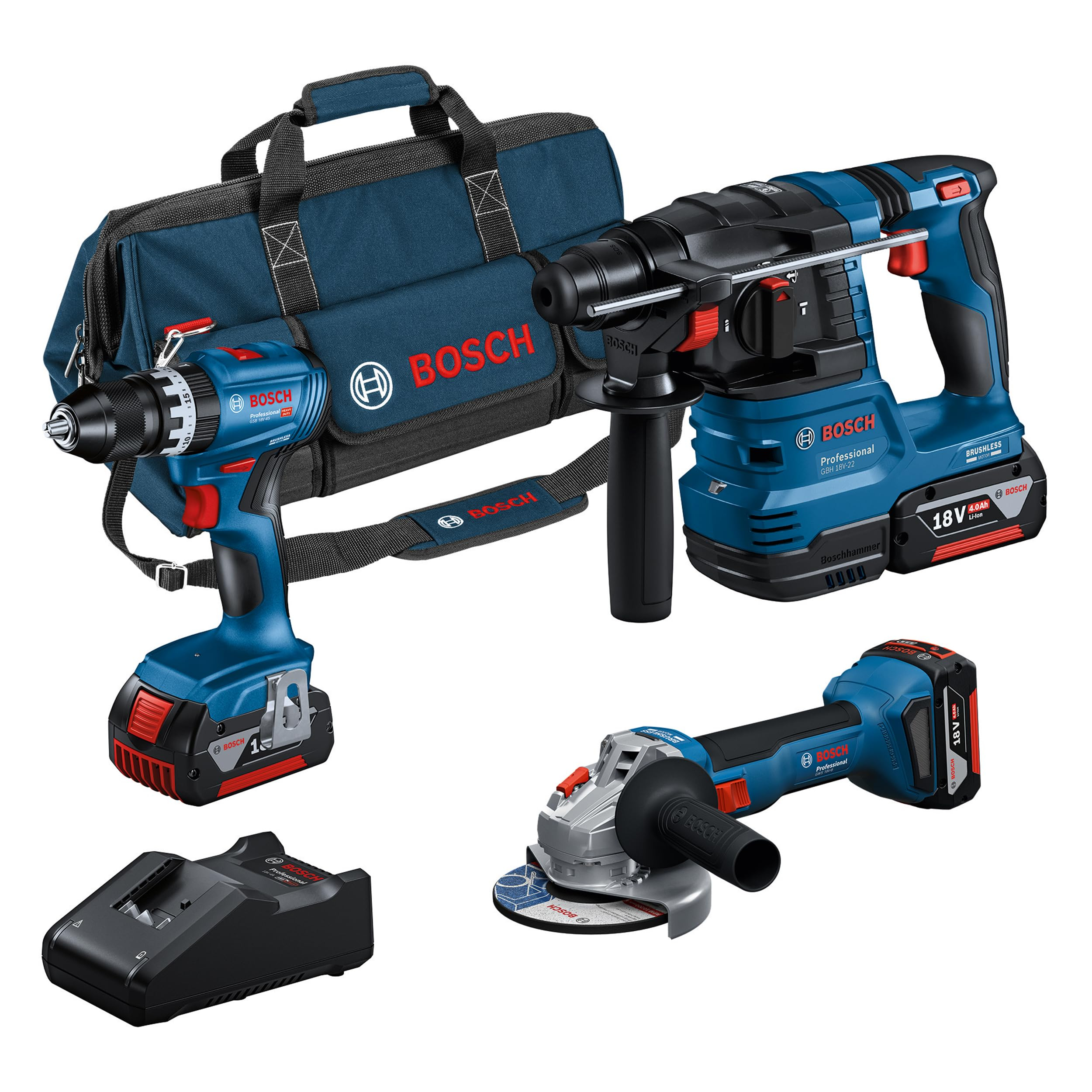 Pack Bosch Professional 18V combo-kit sans-fil : GSB 18V-45 + GBH 18V-22 + GWS 18V-8 ( 3 batteries GBA 4.0Ah, GAL 18V-40, sac à outils)