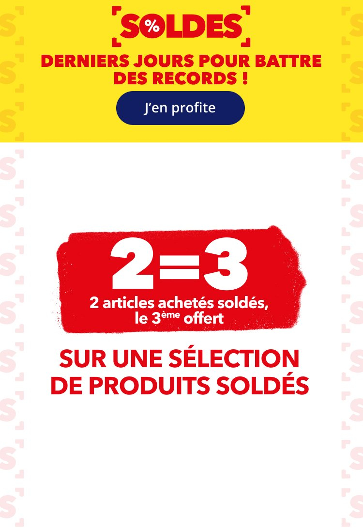 3 articles en soldes achetés parmi une sélection = Le 3ème offert (le moins cher)