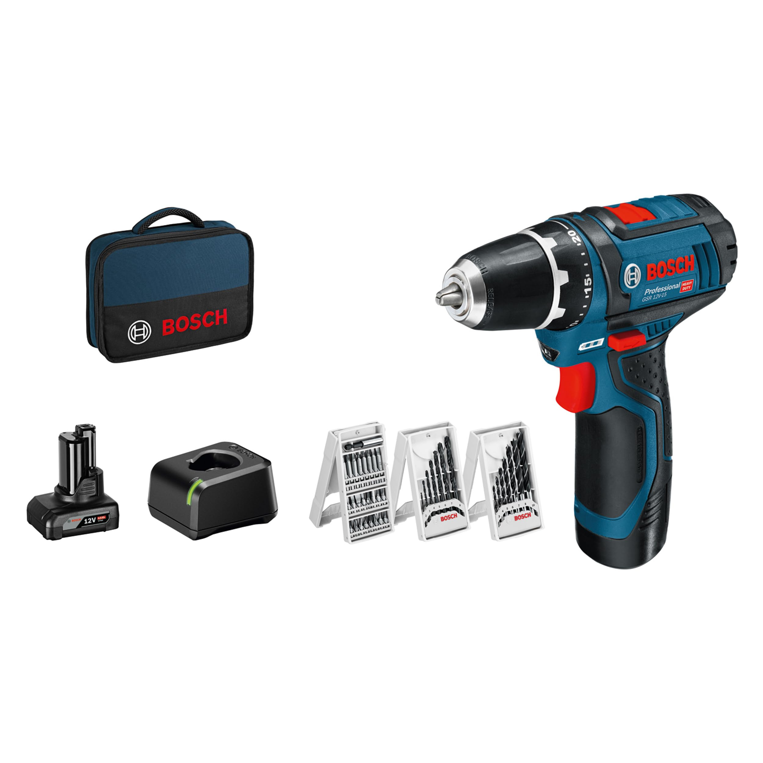 Perceuse-Visseuse Sans-Fil Bosch Professional 12V System GSR 12V-15 - 2 batteries (2Ah et 4Ah), chargeur, set d'accessoires 39 pcs, sacoche