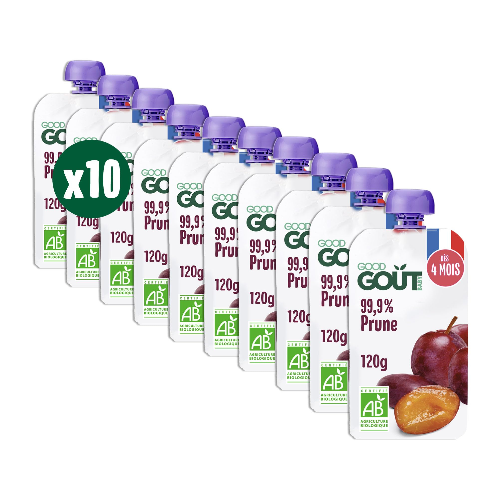 Lot de 10 Gourdes de Purée Bébé GOOD GOÛT - Goût prune, Sans Sucres Ajoutés, Fabriqué En France (via Prévoyez & Économisez)