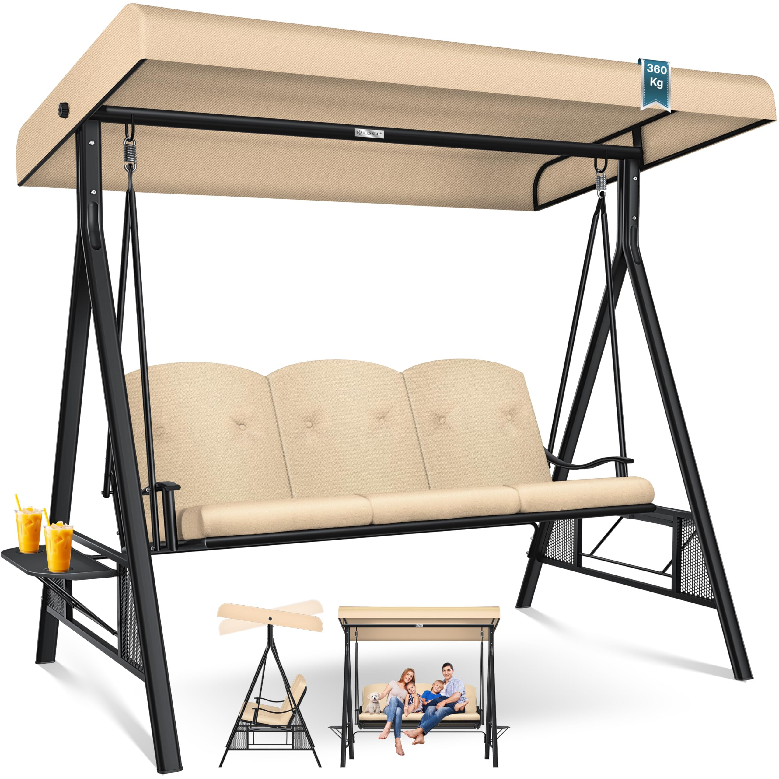 Balancelle de jardin 3 places Kesser avec toit pare-soleil et coussin d'assise - Beige ou Gris clair