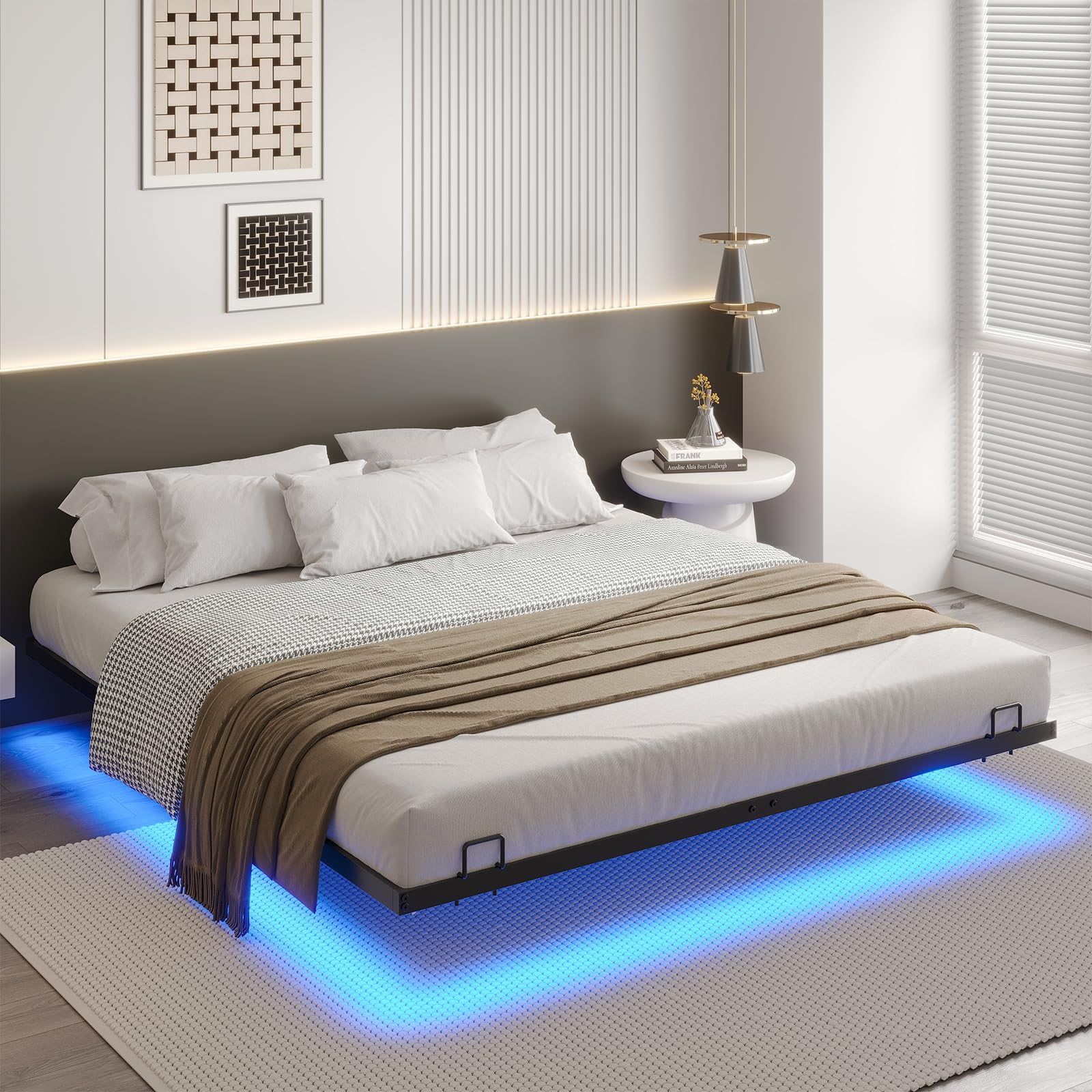 Lit Dictac 160 x 200 cm - Cadre flottant métal, éclairage LED RGB, sommier à lattes métal, contrôle par application (vendeur tiers)