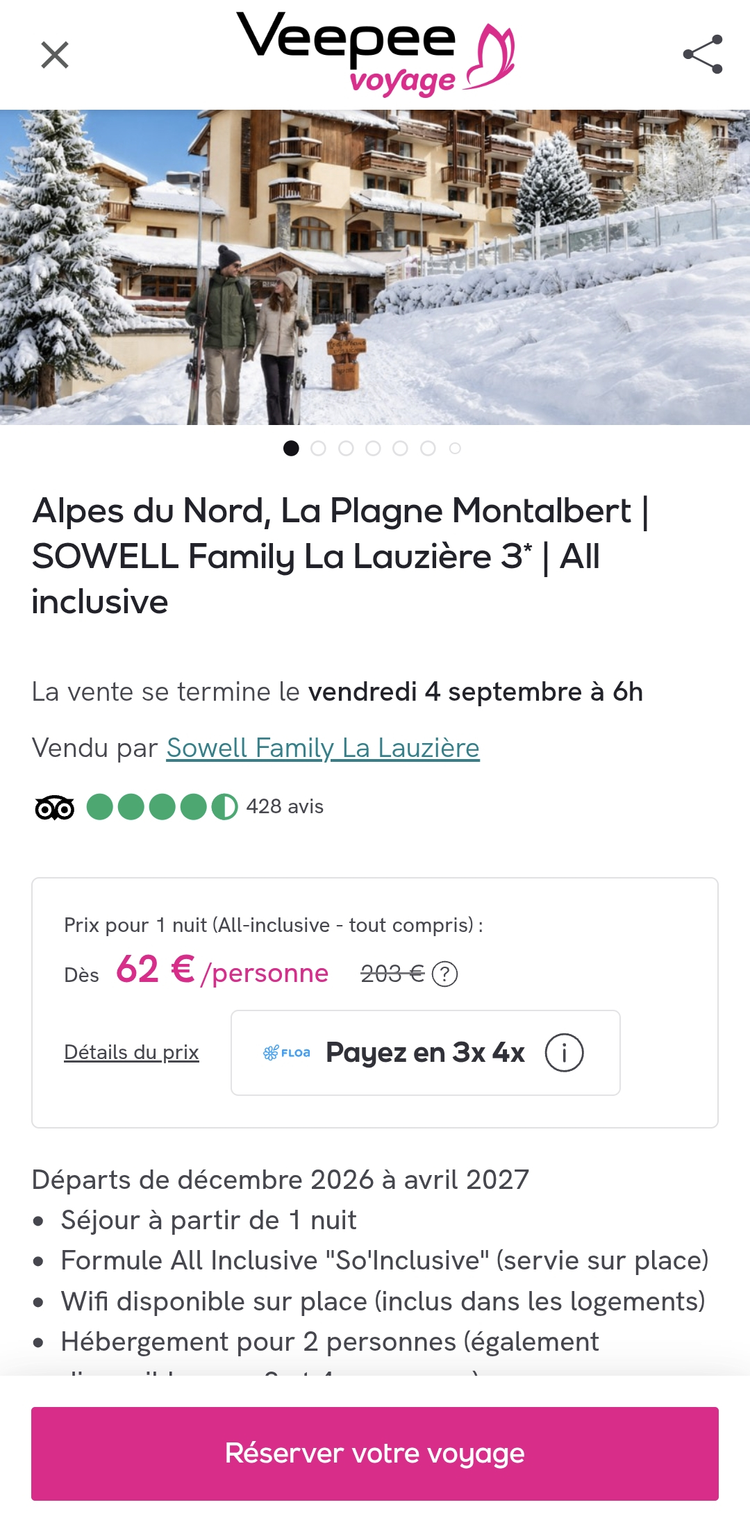 Séjour All Inclusive 2 personnes, de décembre 2026 à avril 2027 - Alpes du Nord, La Plagne Montalbert.... (Prix minimum 2 pers : 123,50€)