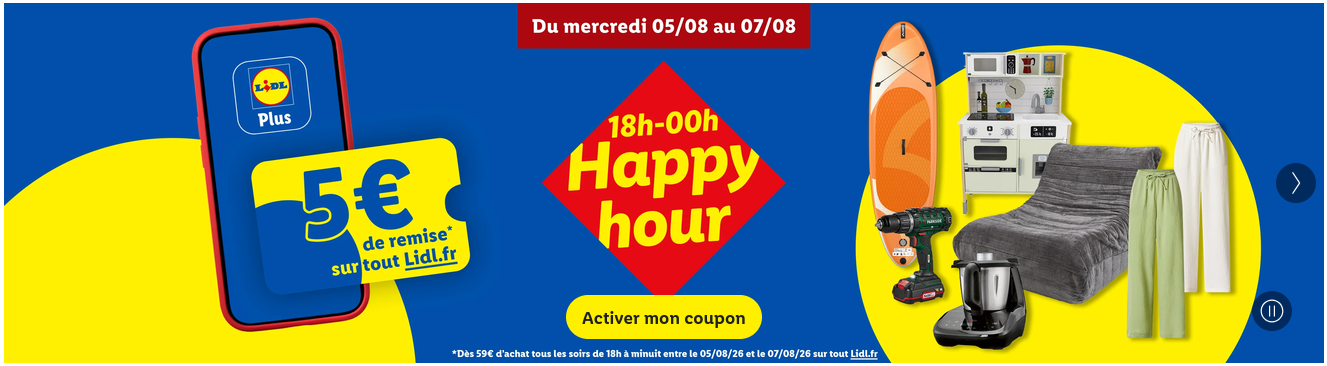 5€ de Réduction dès 59€ d'achats entre 18H00 et minuit
