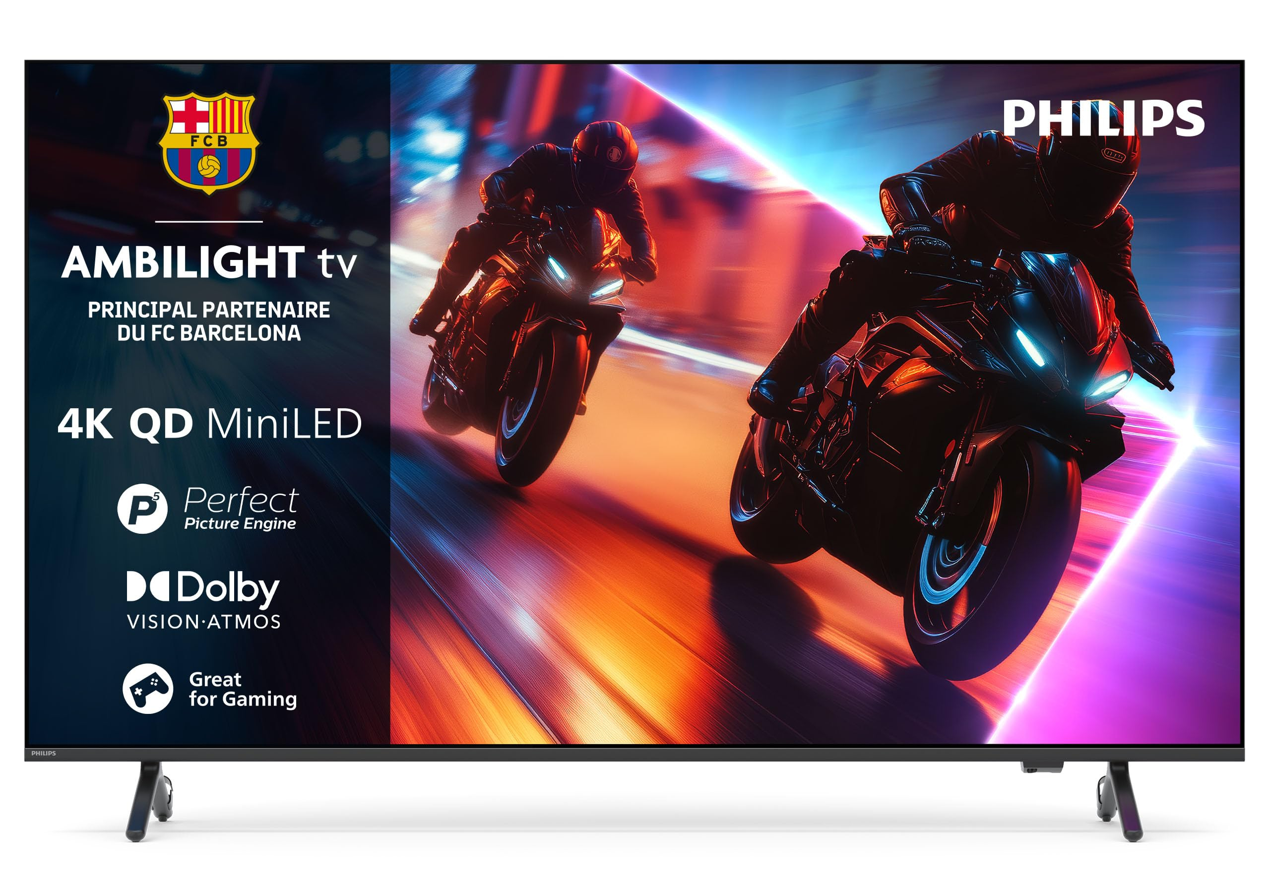 TV 75" Philips 75MLED910 - 2025, QD MiniLED, 4K UHD, VRR 144Hz, Ambilight 3 côtés, HDR 10+, Micro Dimming Premium, FreeSync Premium