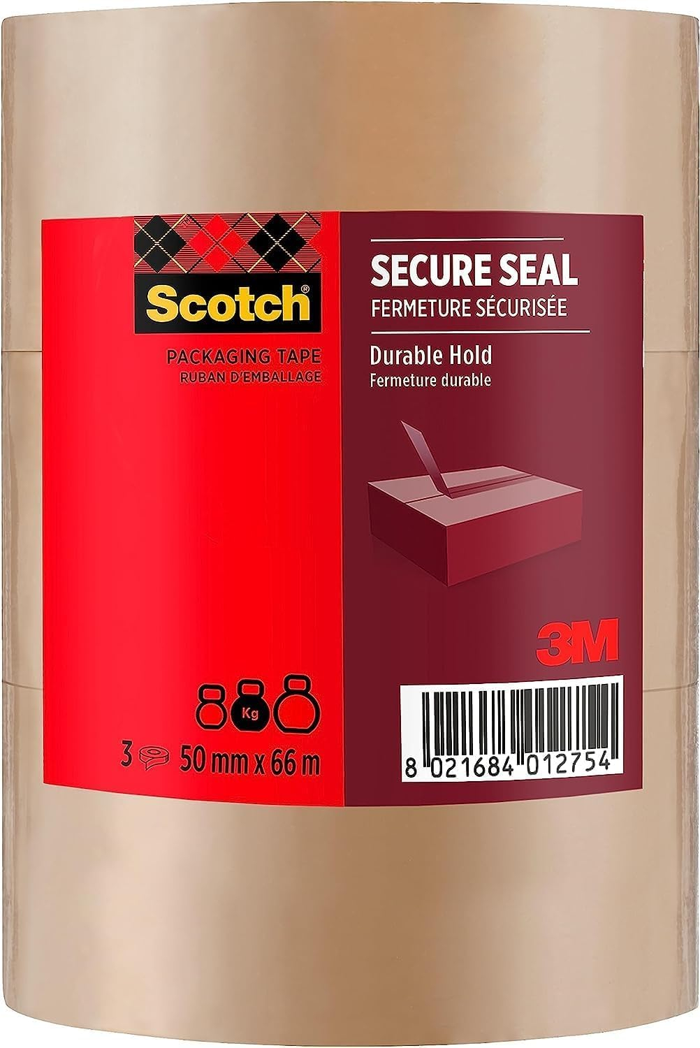 3 Rouleaux de Scotch Ruban d’Emballage Secure Seal, Marron, 50 mm x 66 m
