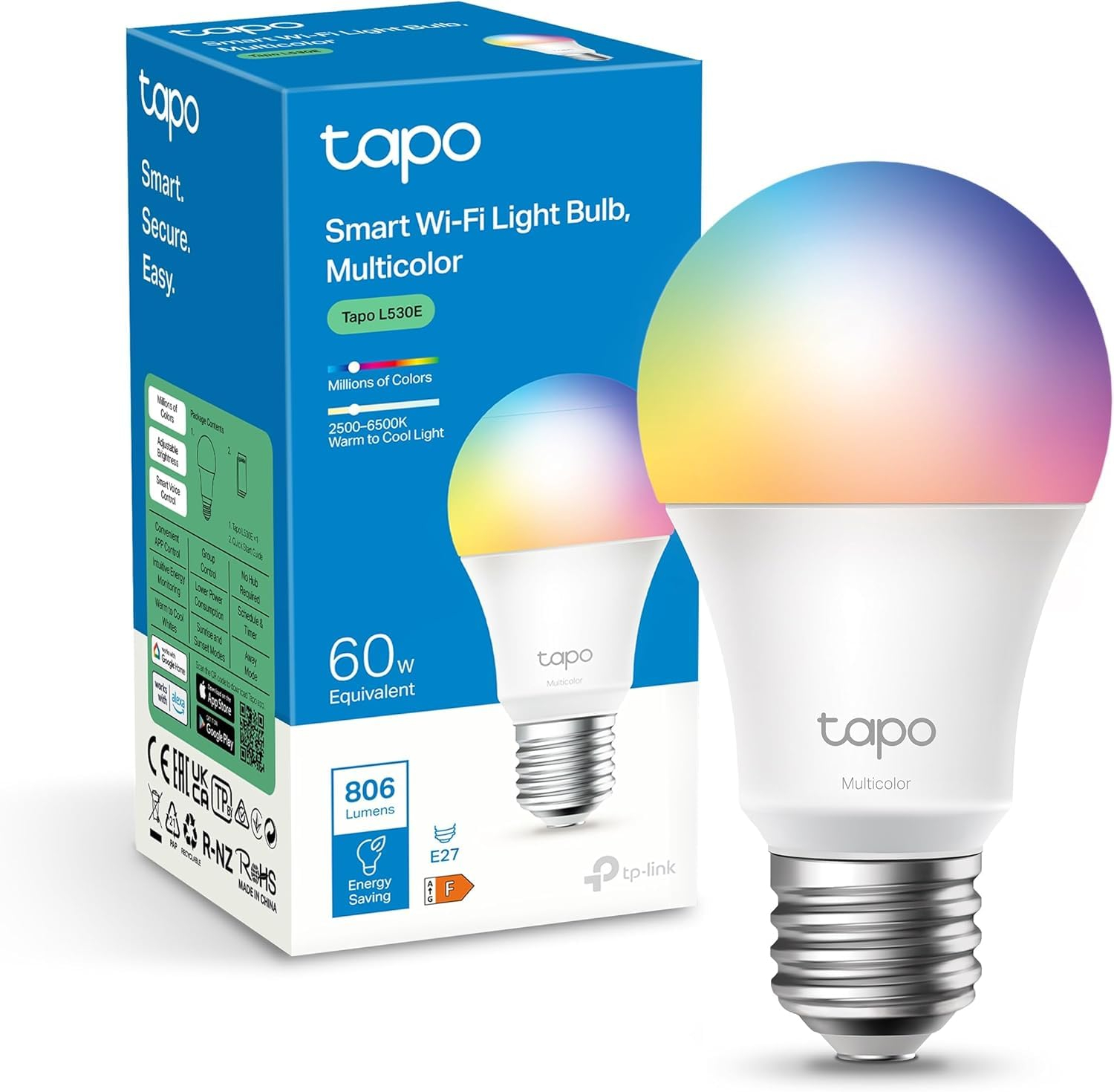 Ampoule Connectée WiFi Tapo - LED, E27, Multicolore, 2500K-6500K, Dimmable 8.7 W 806Lm, Compatible avec Alexa et Google Home