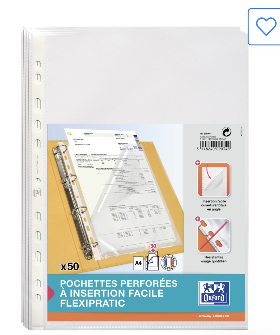 [Dès 50€ d'achat] 50 pochettes perforées A4 Oxford Flexipratic (via 7.5€ sur la carte)
