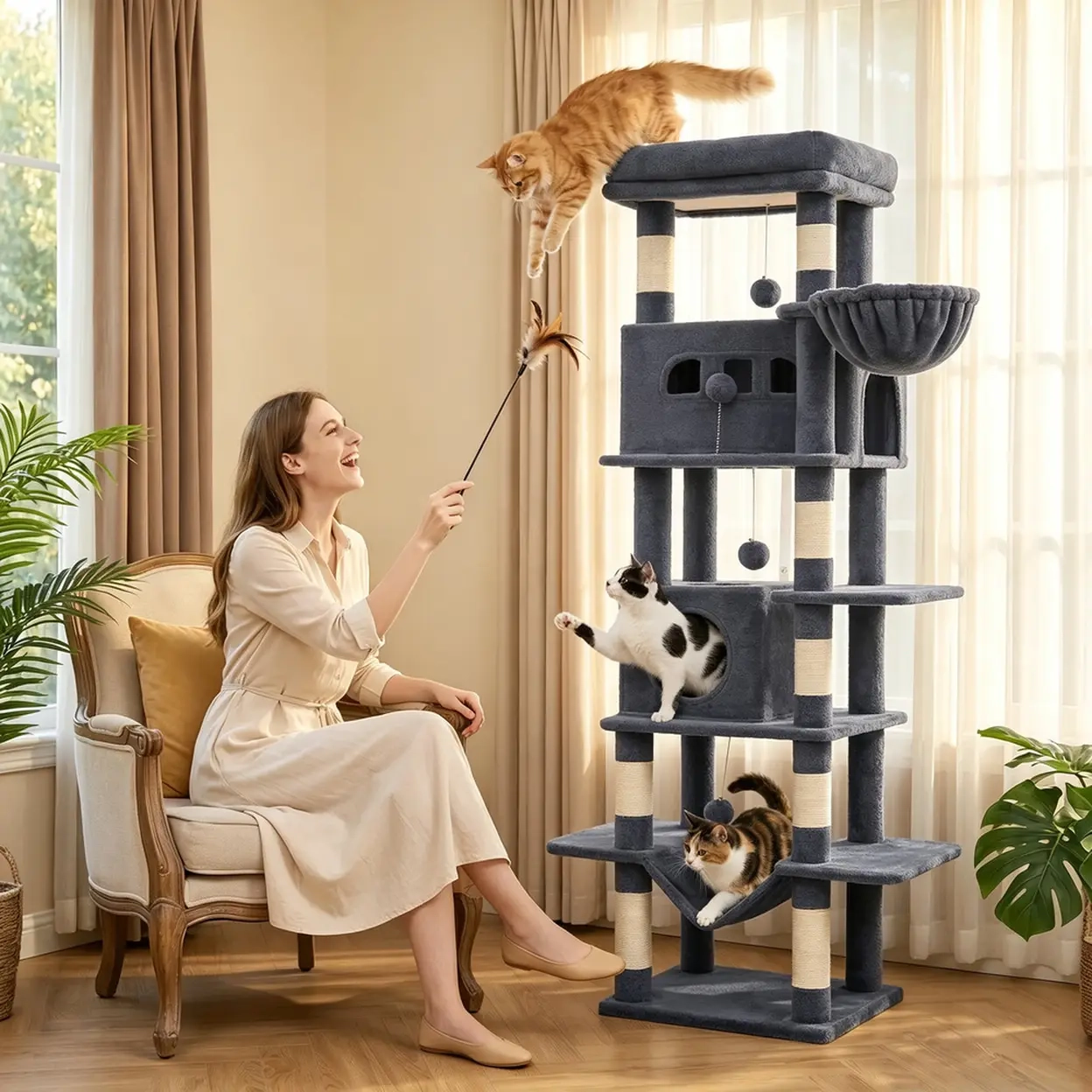 Arbre à chat géant 212,5 cm Halupeit 6 niveaux / 8 poteaux sisal