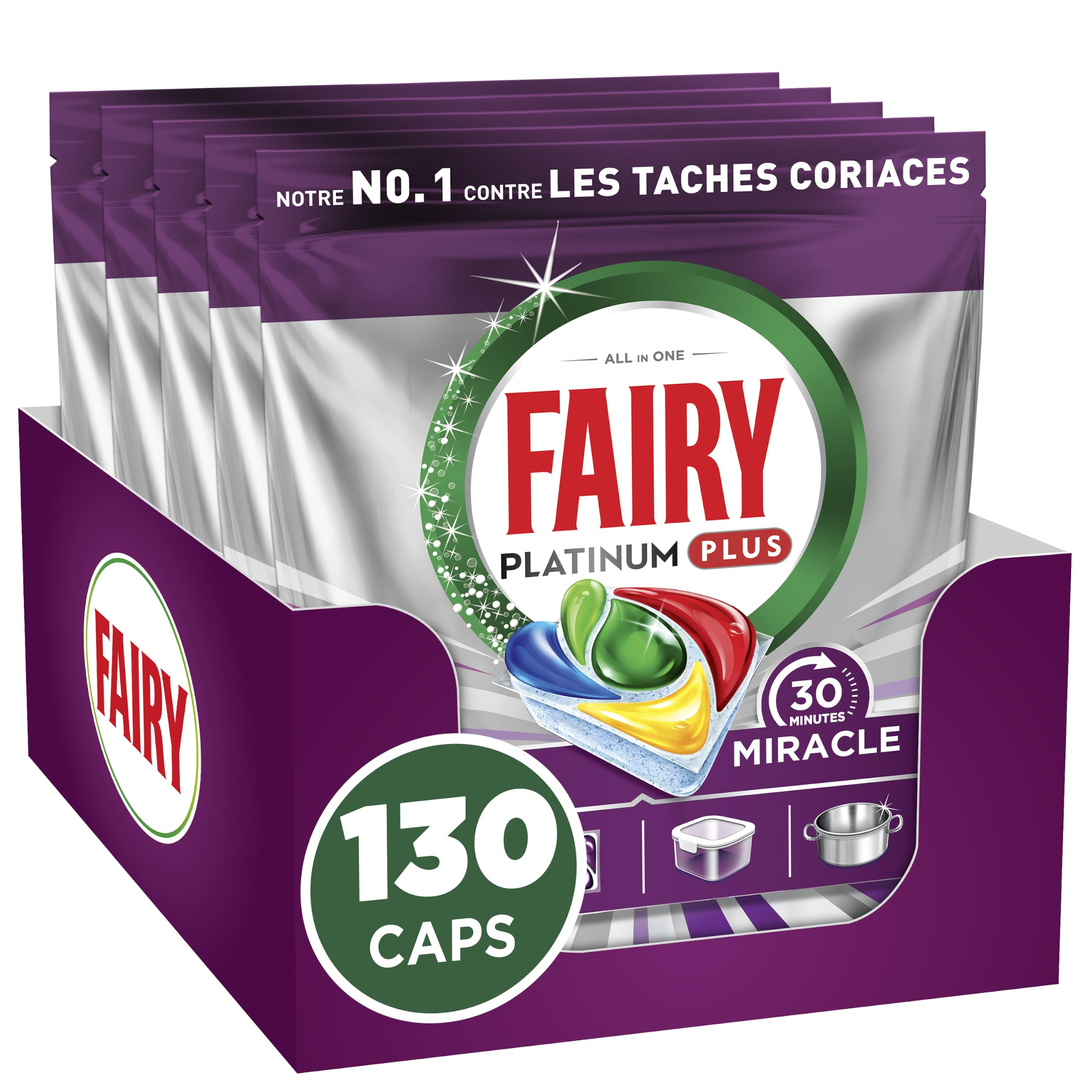 Lot de 130 Tablettes Lave-Vaisselle Fairy Platinum Plus Tout-en-1 Miracle 30 Mins (Via Abonnement Prévoyez & Economisez)