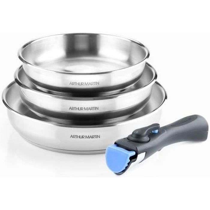 Set de 3 poêles Arthur Martin AM1410 : 20, 24, 26cm, Full Inox