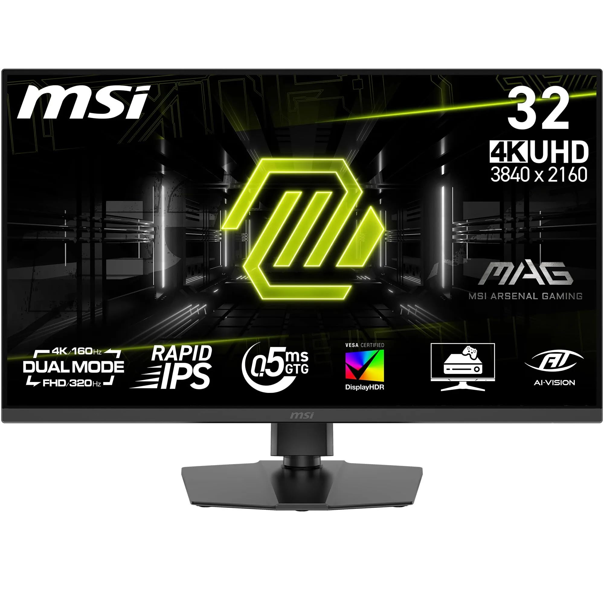 Écran PC 32" MSI 322URDF - 4K UHD, IPS, 3840 x 2160, 160 Hz/320 Hz, 0,5 ms, DisplayHDR 400, AI Vision, Dual-Mode, HDMI 2.1, DP 1.4a, Noir