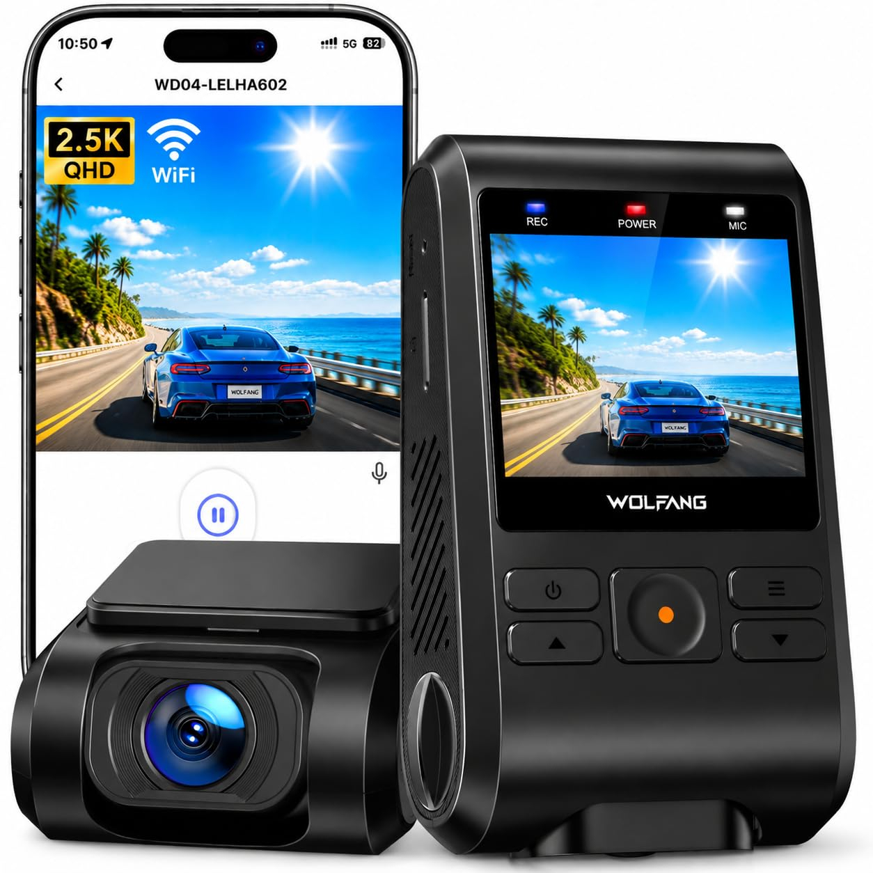 Dashcam Voiture - 2.5K, Wi-FI Caméra Voiture, IPS 2" Grand Angle 170°