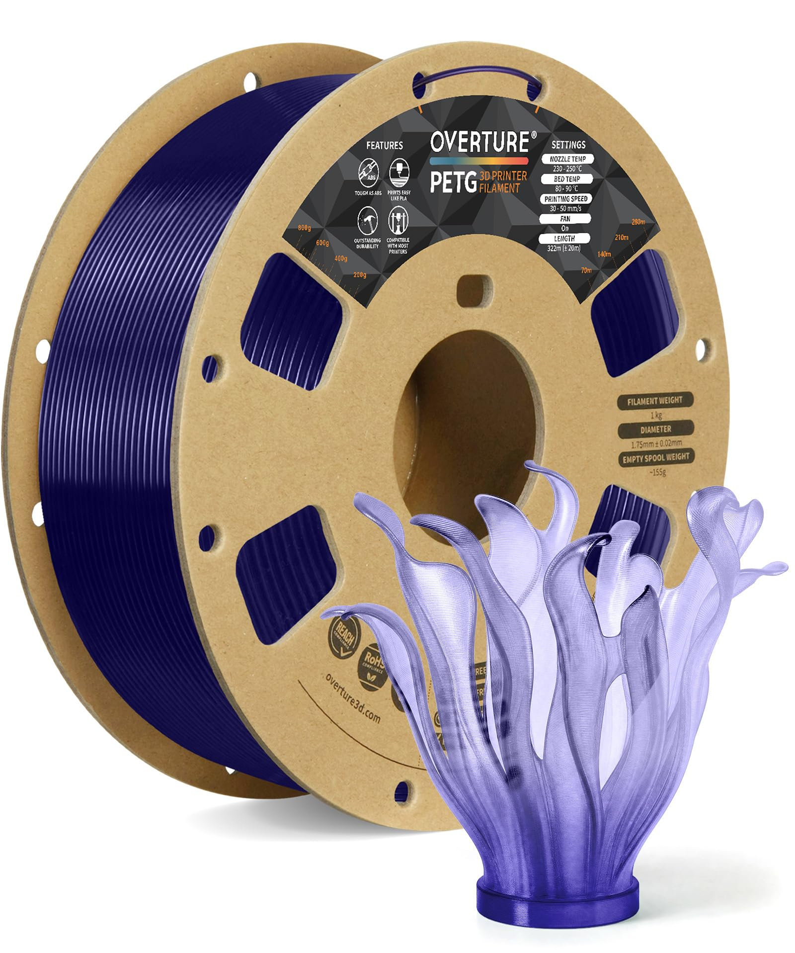 Bobine 1 kg Filament PETG Overture 1,75 mm Bleu Transparent (Vendeur Tiers)