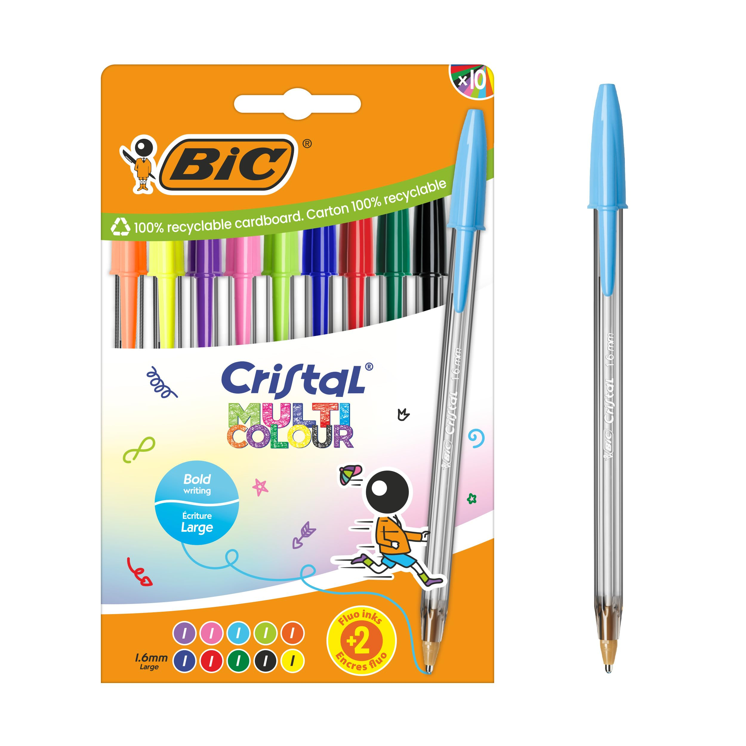 Pack de 10 stylos-bille BIC Cristal Multicolour pointe large (1,6 mm)