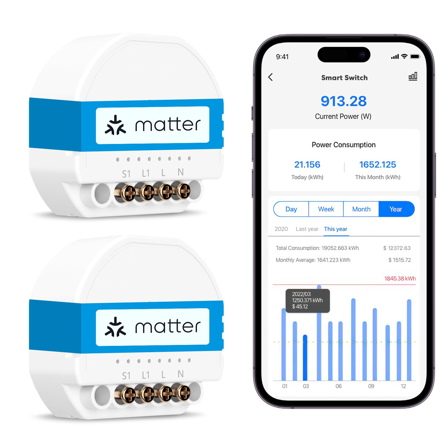 Lot de 2 Interrupteurs Connectés Meross MSS815 - Matter, Apple HomeKit, Suivi de Consommation, Fil Neutre Requis (Via Coupon-Vendeur Tiers)