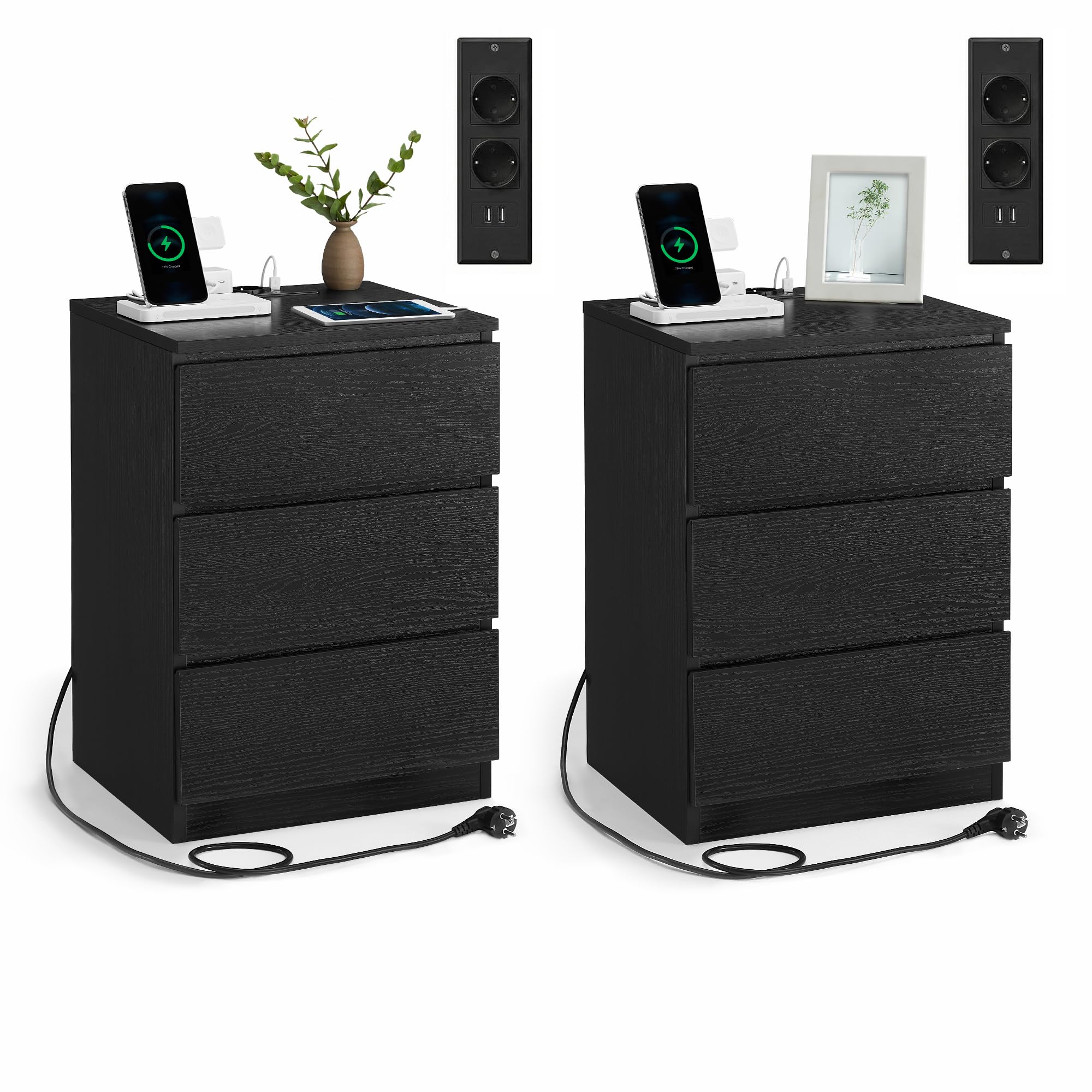 Lot de 2 Tables de Chevet avec Multiprise Vasagle Kailyn Collection LET831B56V2 - avec 3 Tiroirs, 2 Prises CA, 2 Ports USB