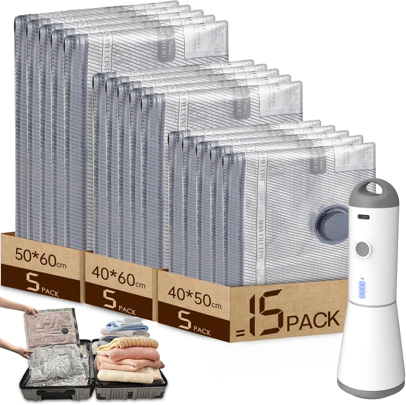 Lot de 15 Sacs Sous Vide pour vêtements avec pompe sous vide sans fil -5x40x50 cm, 5x40x60 cm, 5x50x60 cm)