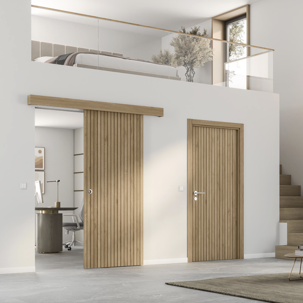 Porte coulissante MDF Léon - 204 x 83 cm, finition bois, intérieur