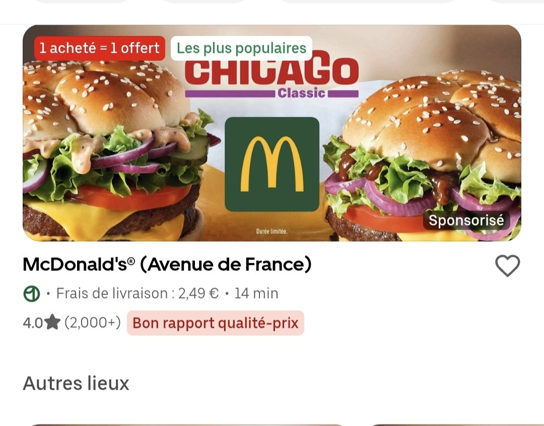 1 Wrap, Big Mac, 9 Nuggets, Mcchiken ou doublecheese acheté = 1 offert (Sélection de restaurants)