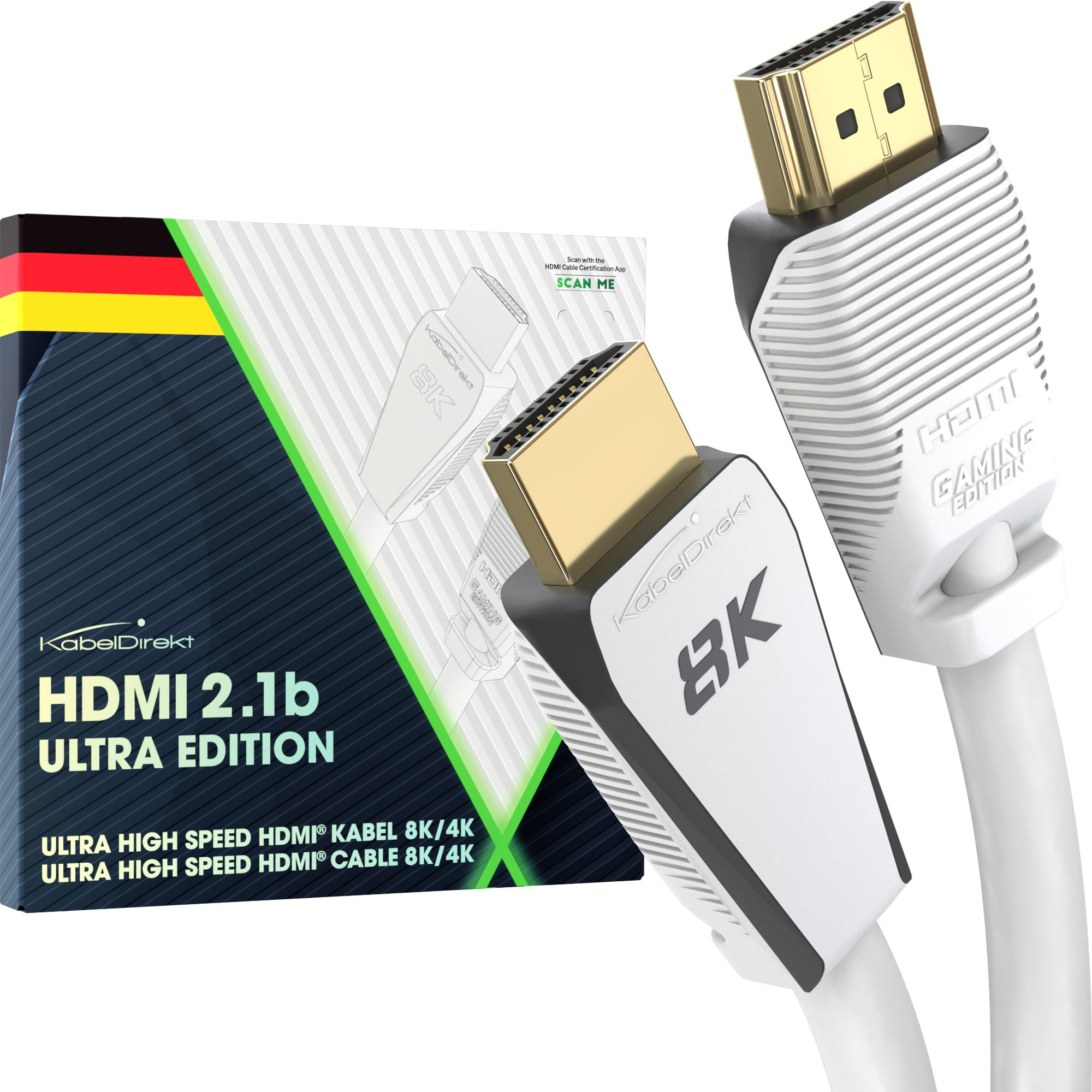 Câble HDMI KabelDirekt Ultra High Speed - 8K@60Hz, 4K@144Hz, pour PC, PS5, Xbox, HDMI 2.1 b, 3m, Certifié Ultra Edition, Blanc