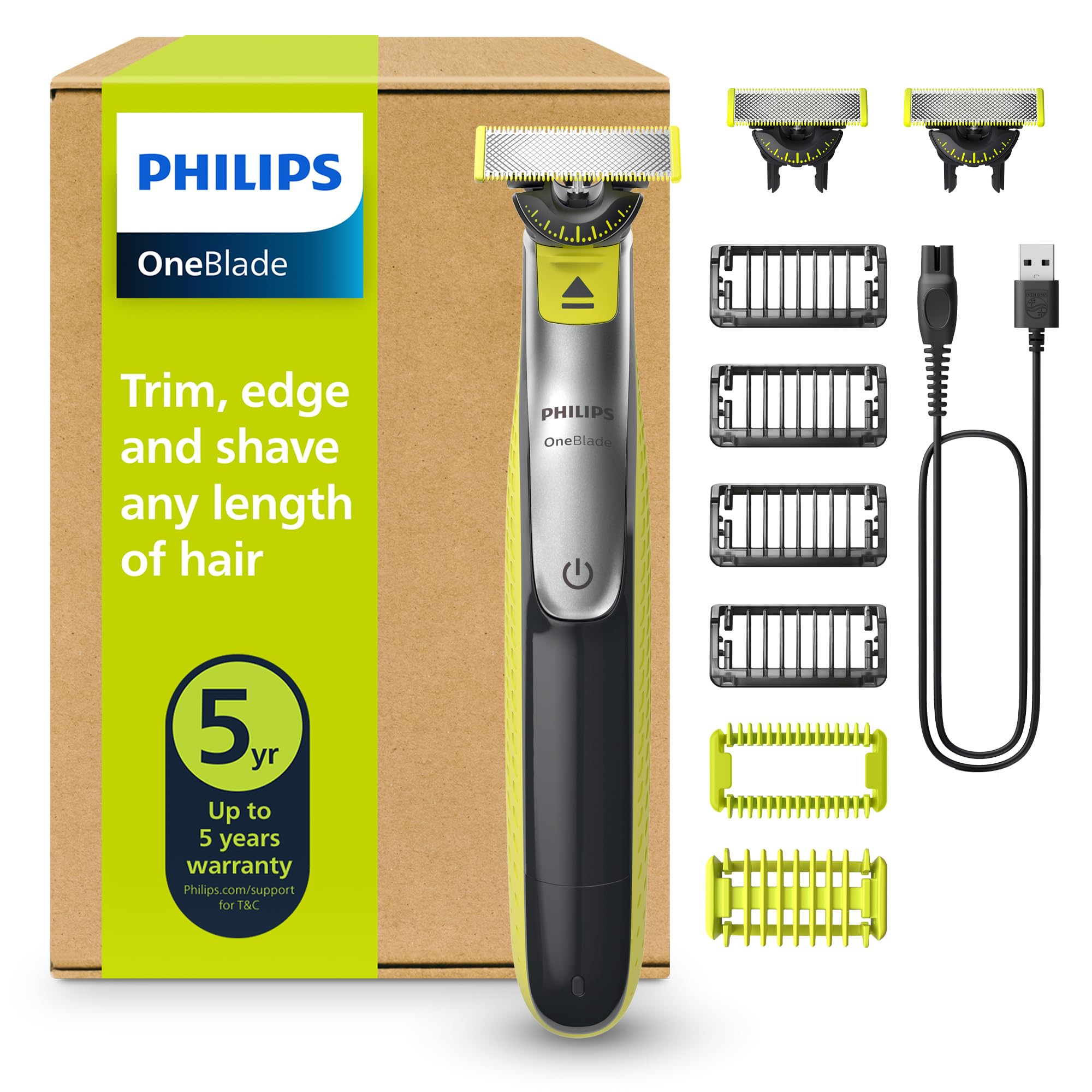 Tondeuse à Barbe Électrique Philips OneBlade 360 Authentique Visage & Corps - avec 2 Lames 360, 4 Sabots & 1 Kit Corps