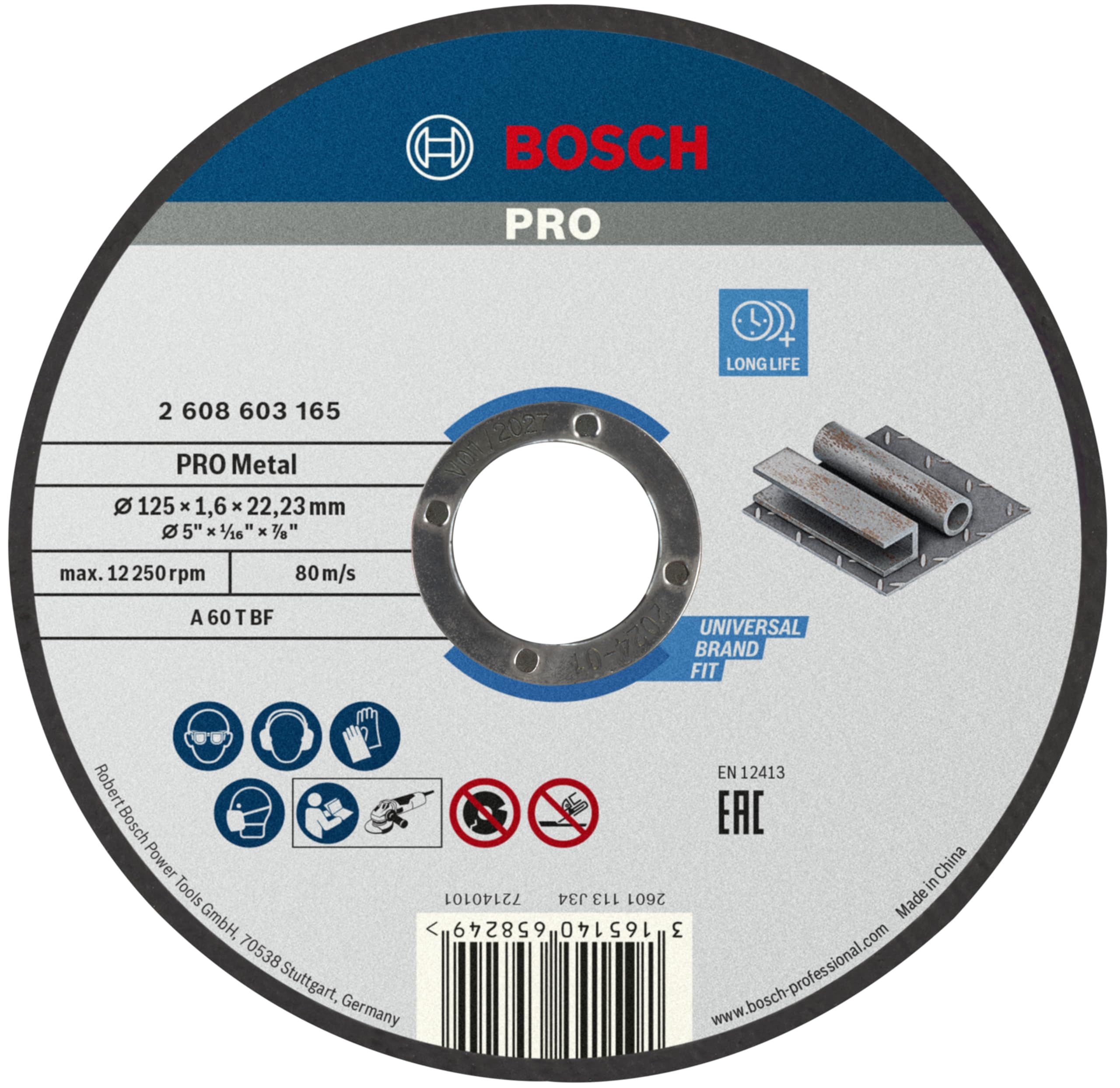 Disque à tronçonner aggloméré Pro Metal Bosh - pour Acier, 125 x 1,6 x 22,23 mm