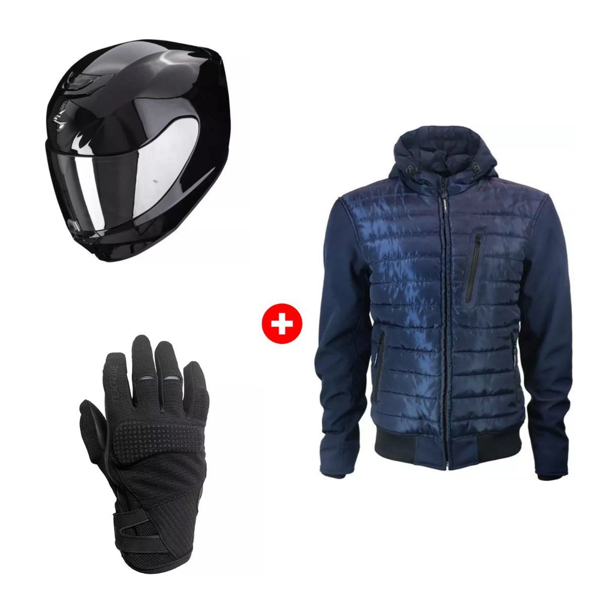 Pack Moto Flash Bleu Homme - Casque Scorpion Exo-391 Solid, Blouson Harisson Aspen et Gants Tekride Rio Noir