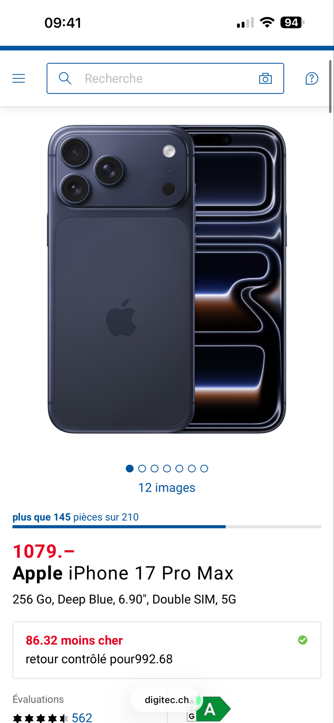 Smartphone 6,9" Apple iPhone 17 Pro Max- RAM 12 Go, 256 Go, Bleu (Frontaliers Suisse)