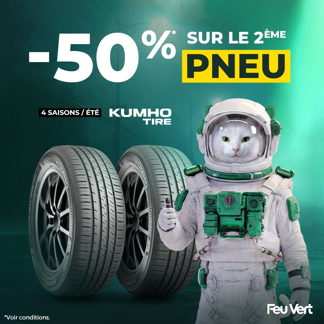 50% de réduction sur le 2ème pneu Kumho 4 saisons ou été, avec montage, acheté