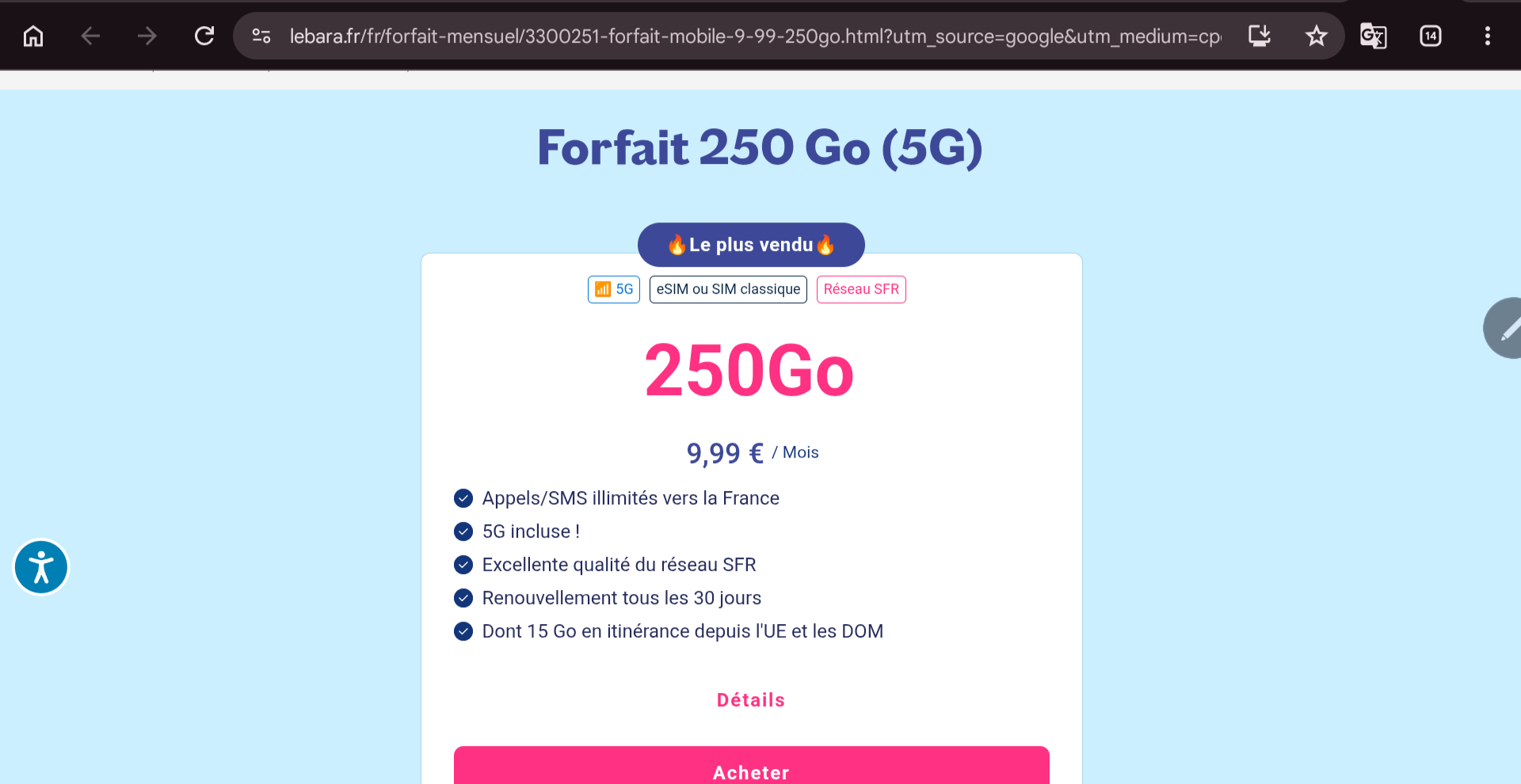 [Nouveaux Clients] Forfait Mobile Lebara - Appels/SMS illimités 5G + 250 Go de Data (15 Go en UE) - Réseaux SFR