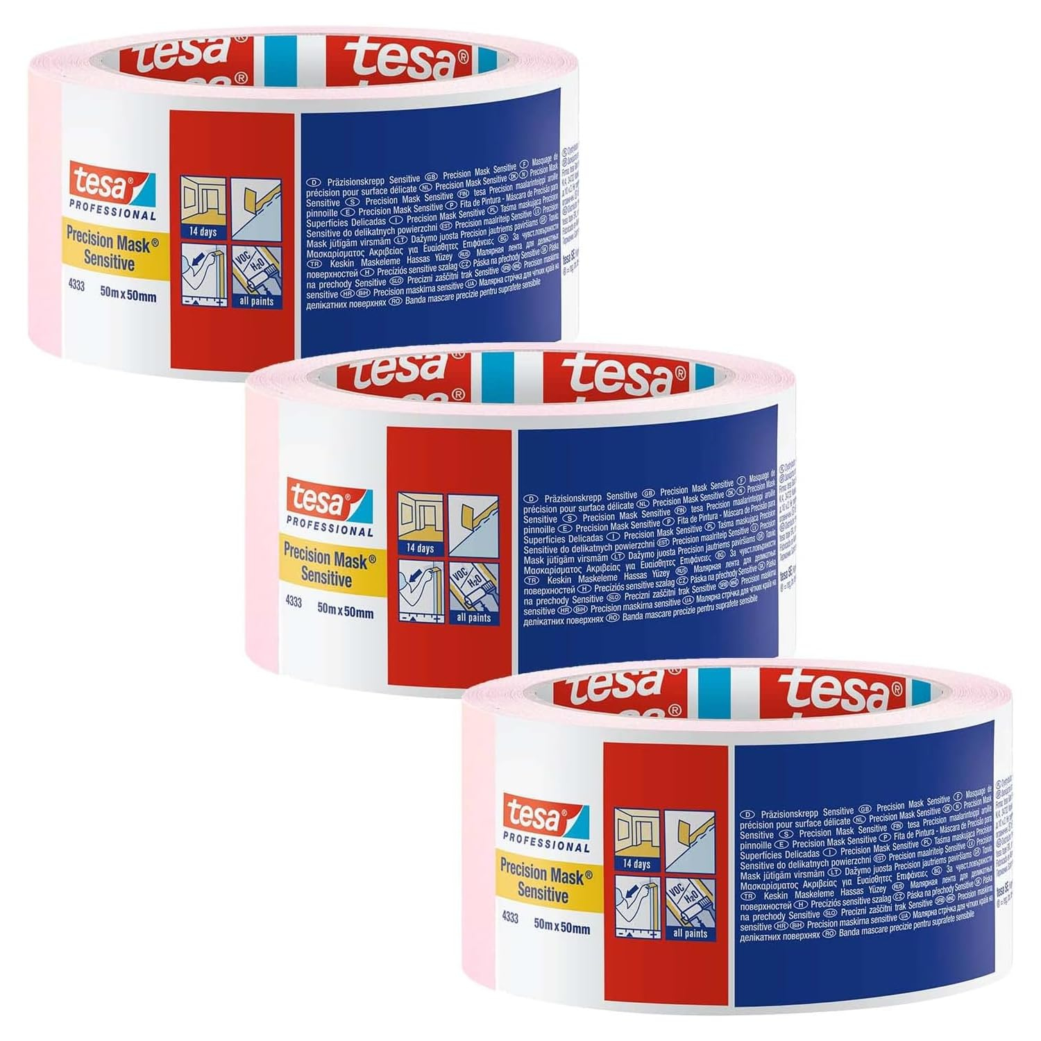 Pack de 3 rubans de masquage de précision Tesa rose pour surfaces délicates - 50mm x 50m