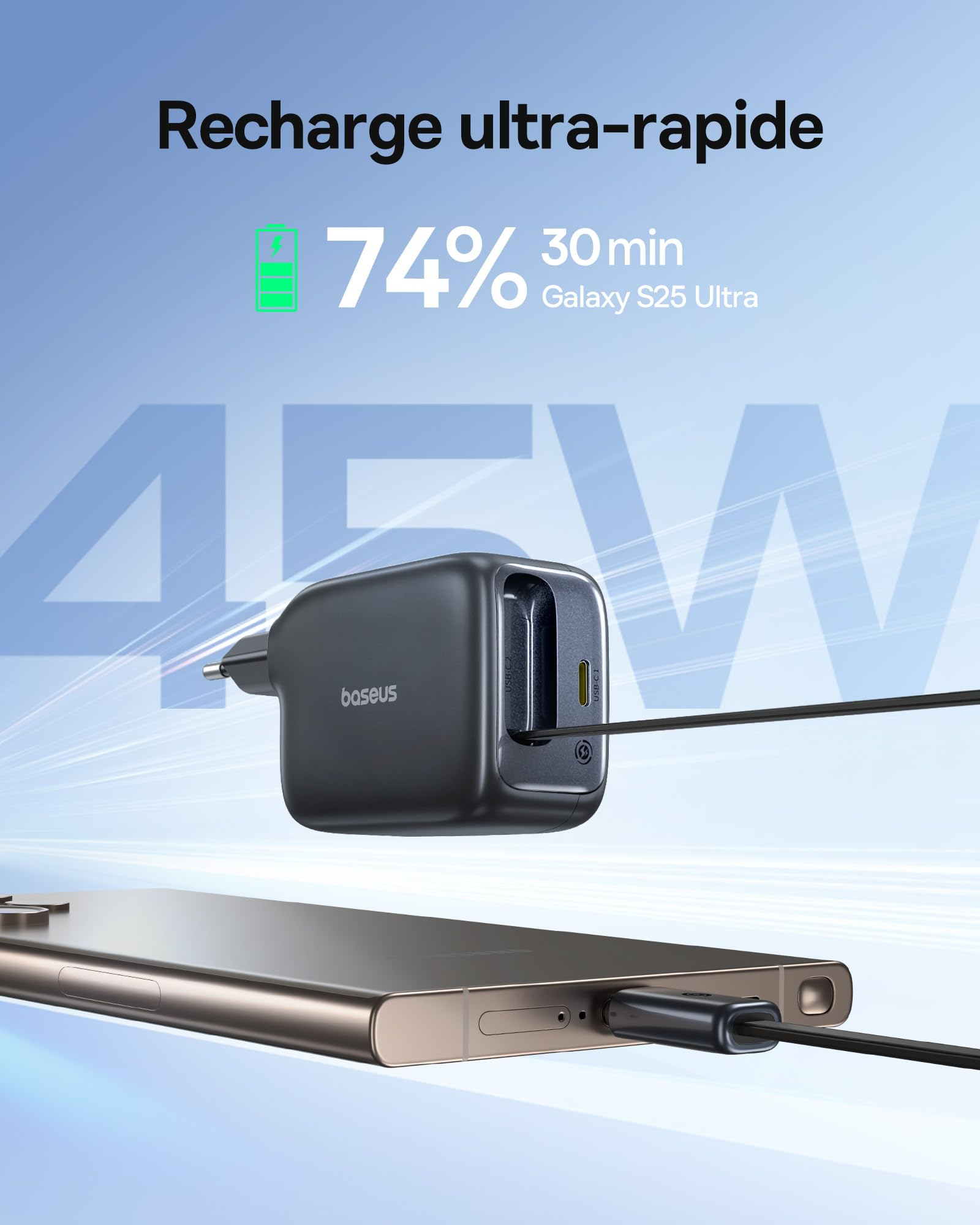 Chargeur USB C Baseus Enercore - 45W, avec Câble USB-C Intégré (Via coupon - Vendeur tiers)