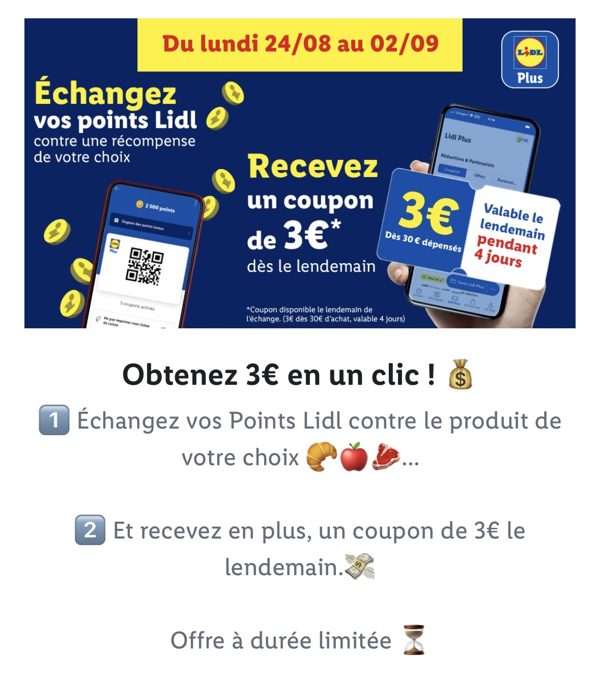 [Lidl +] 3€ de réduction dès 30€ d'achat sur vos courses pour tout échange de points contre un produit