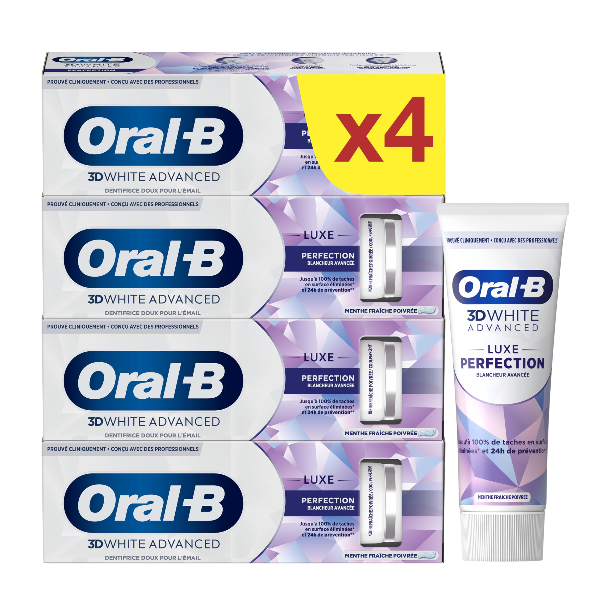 Lot de 4 Dentifrices Blancheur 3D White Advanced Luxe Perfection Oral-B - Arome Menthe (Via Abonnement Prévoyez & Economisez)