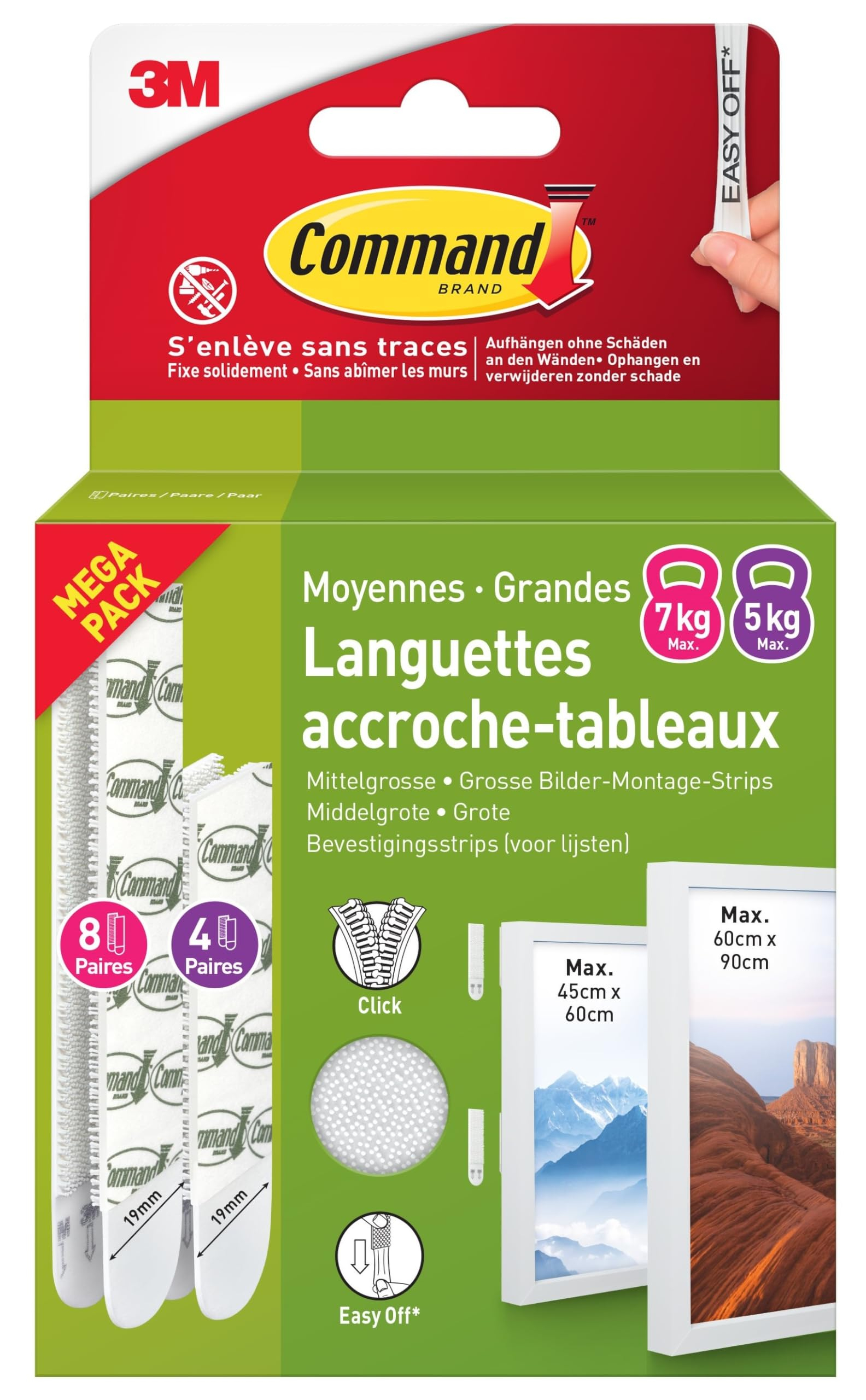 Languettes Accroches Tableaux 3M - Blanc, 24 Languettes, Fixation sans Dommage